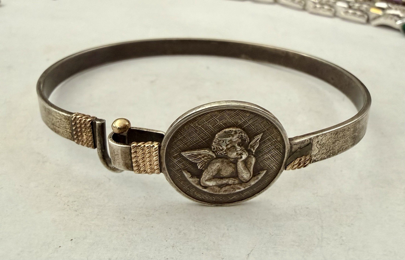 Vintage Rand Paseka Sterling Silver 14k Gold Cherub Guardian Angel Hook Bracelet