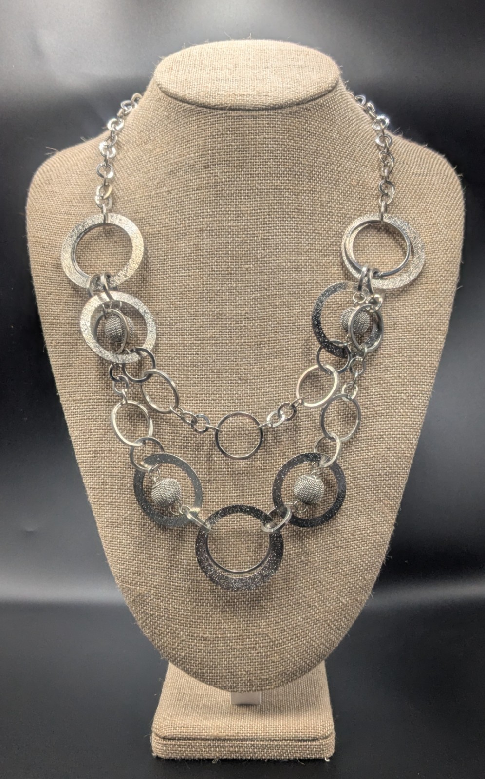 Vintage Double Layer Silver & Gray Necklace W/ Open Circles And Mesh Balls