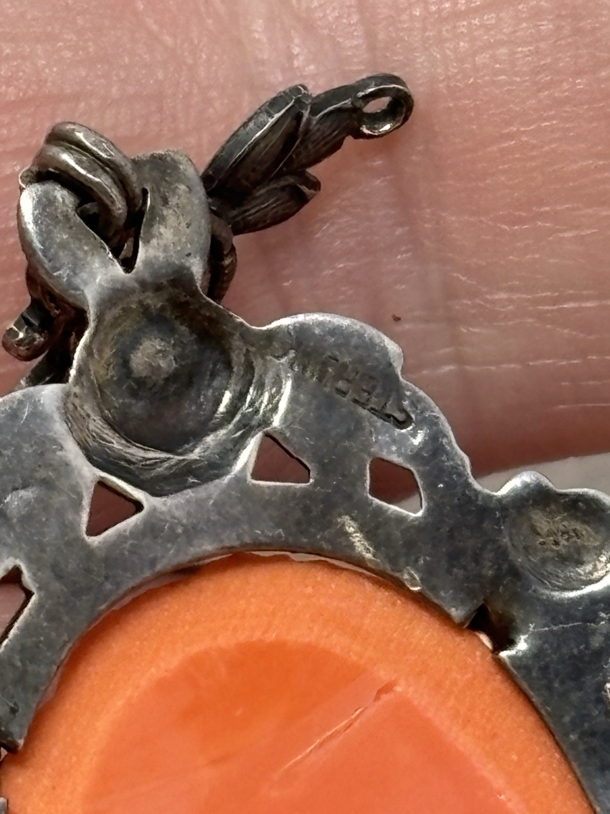 Art Deco Molded Glass Coral Marcasite Pendant Flower Design