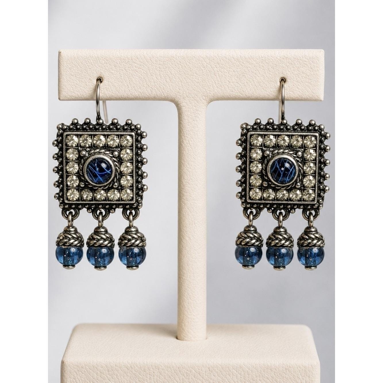Ben-Amun Blue Glass Cabochon Rhinestone Dangle Earrings Antique Silver Tone 2″