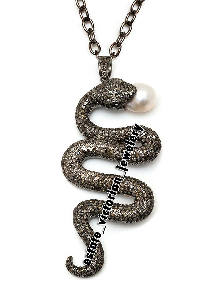 Stunning 3.75ctw Rose cut Diamond Pearl Silver Victorian Snake Pendants Jewelry