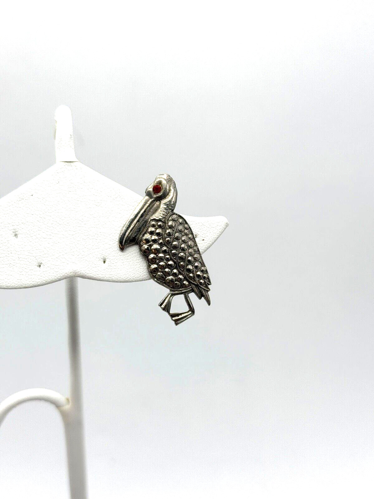 Vintage Silver Tone With Red Rhinestone Eye Pelican Brooch Pin Made In Japan