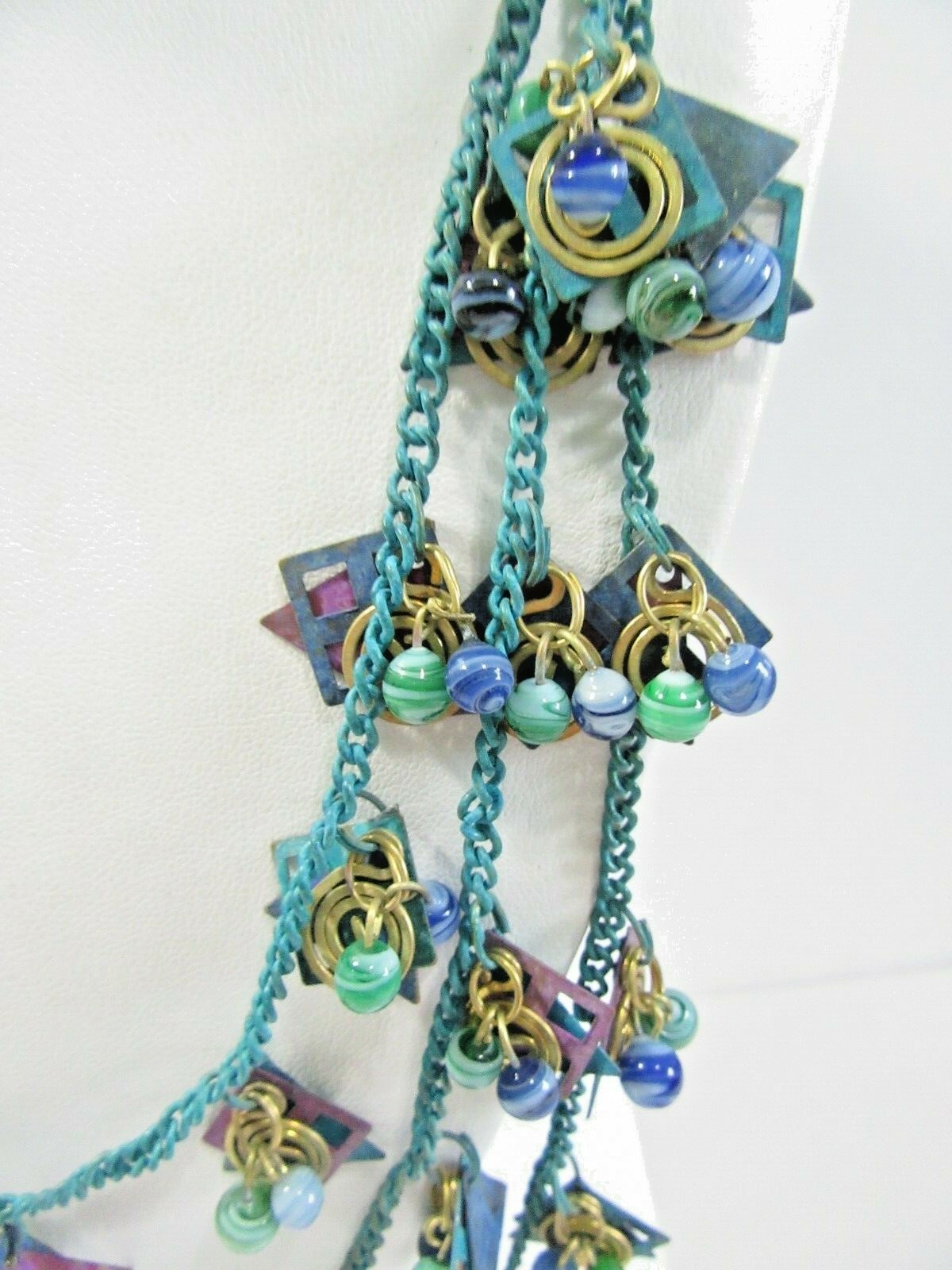 Oxidized Boho Necklace Blue Purple Dyed Metal and Glass Charms Dangles Vintage