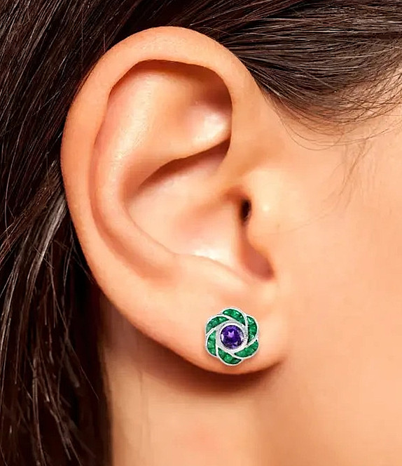 Art Deco Style Round Amethyst and Emerald Floral Stud Earrings 14K White Gold FN