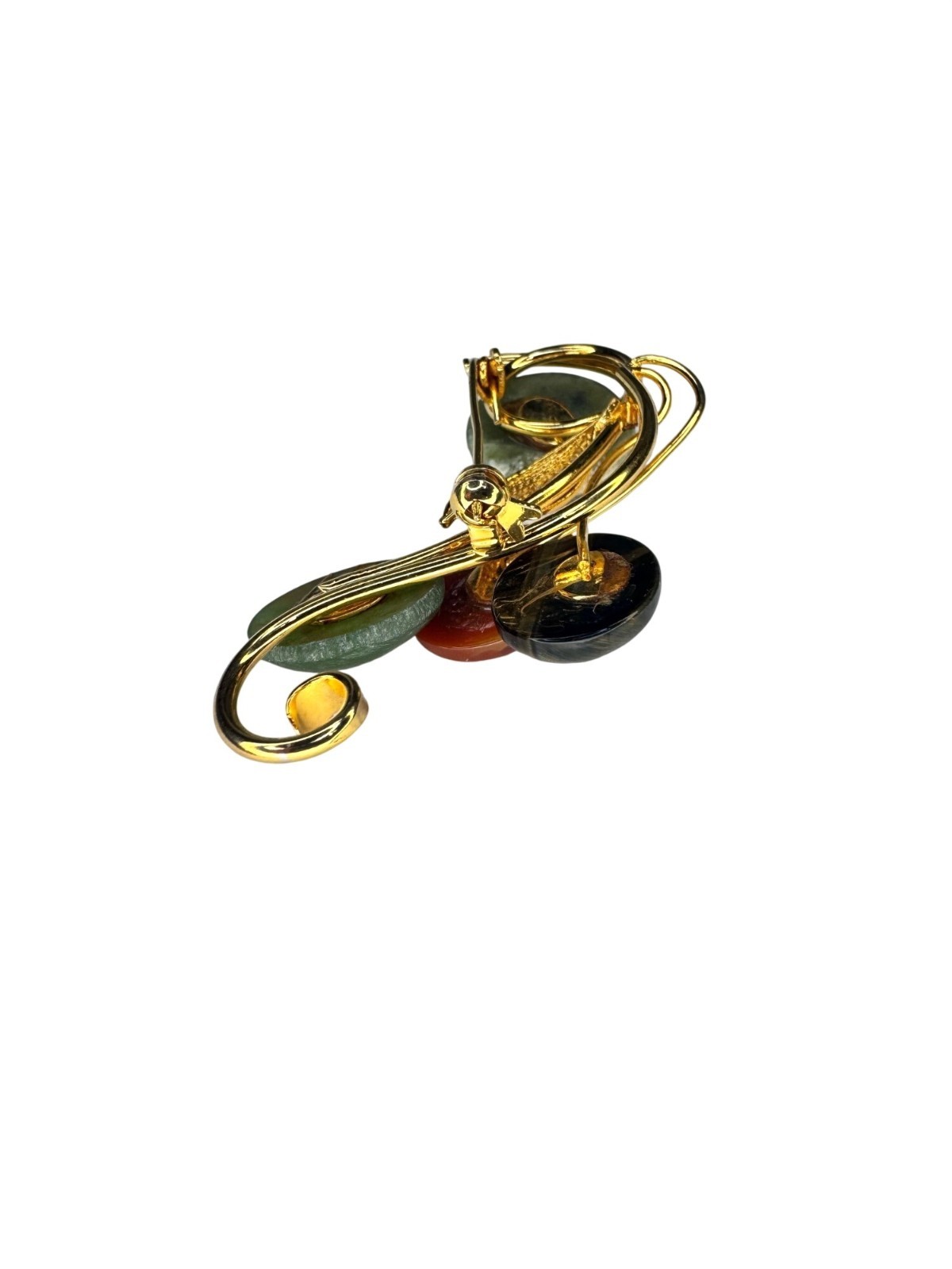 Gemstone Spray Brooch Jade Carnelian Tiger’s Eye Gold Tone Vintage