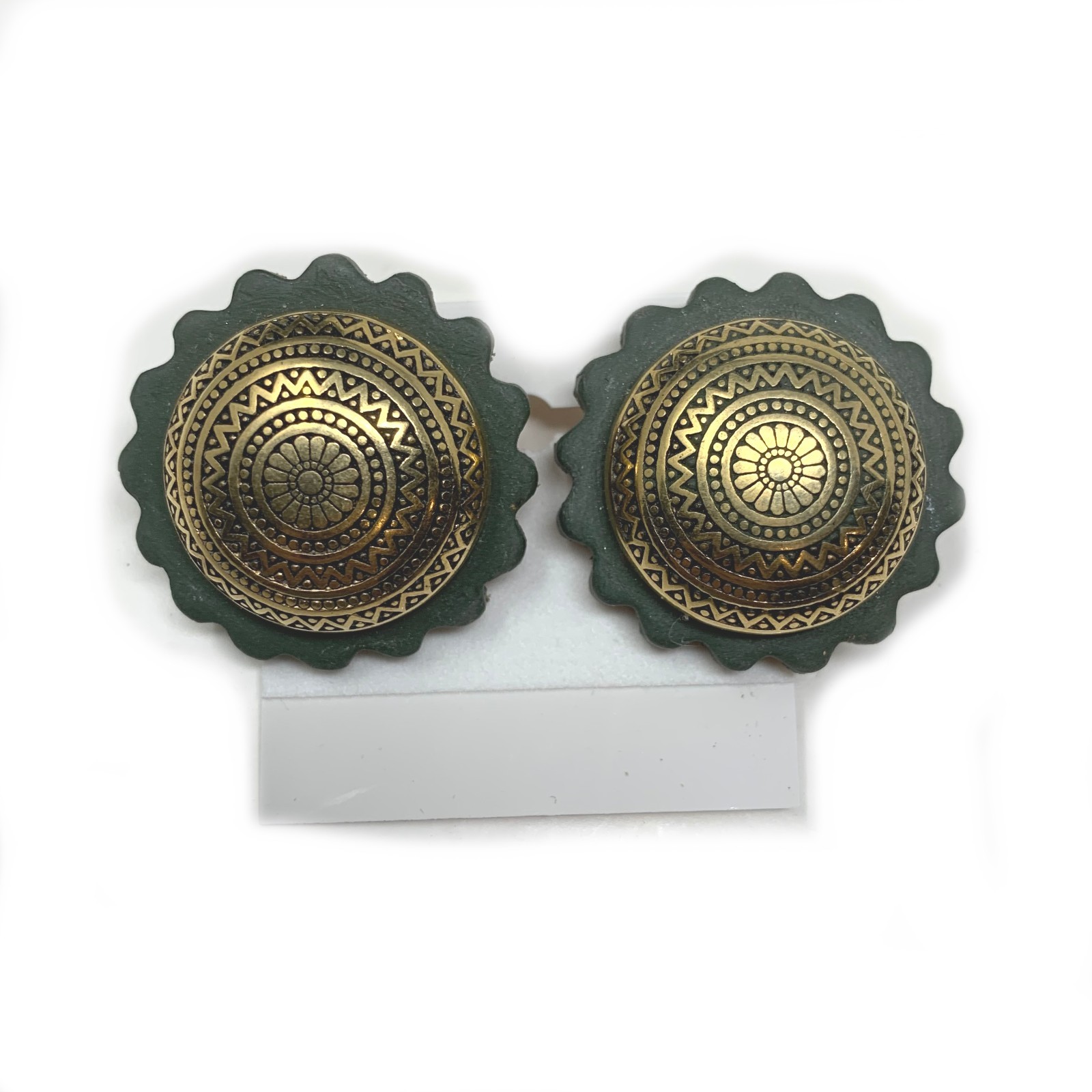 Vintage 1980’s Gold Domed Byzantine Green Cork Earrings Clip On Bohemian Morocco