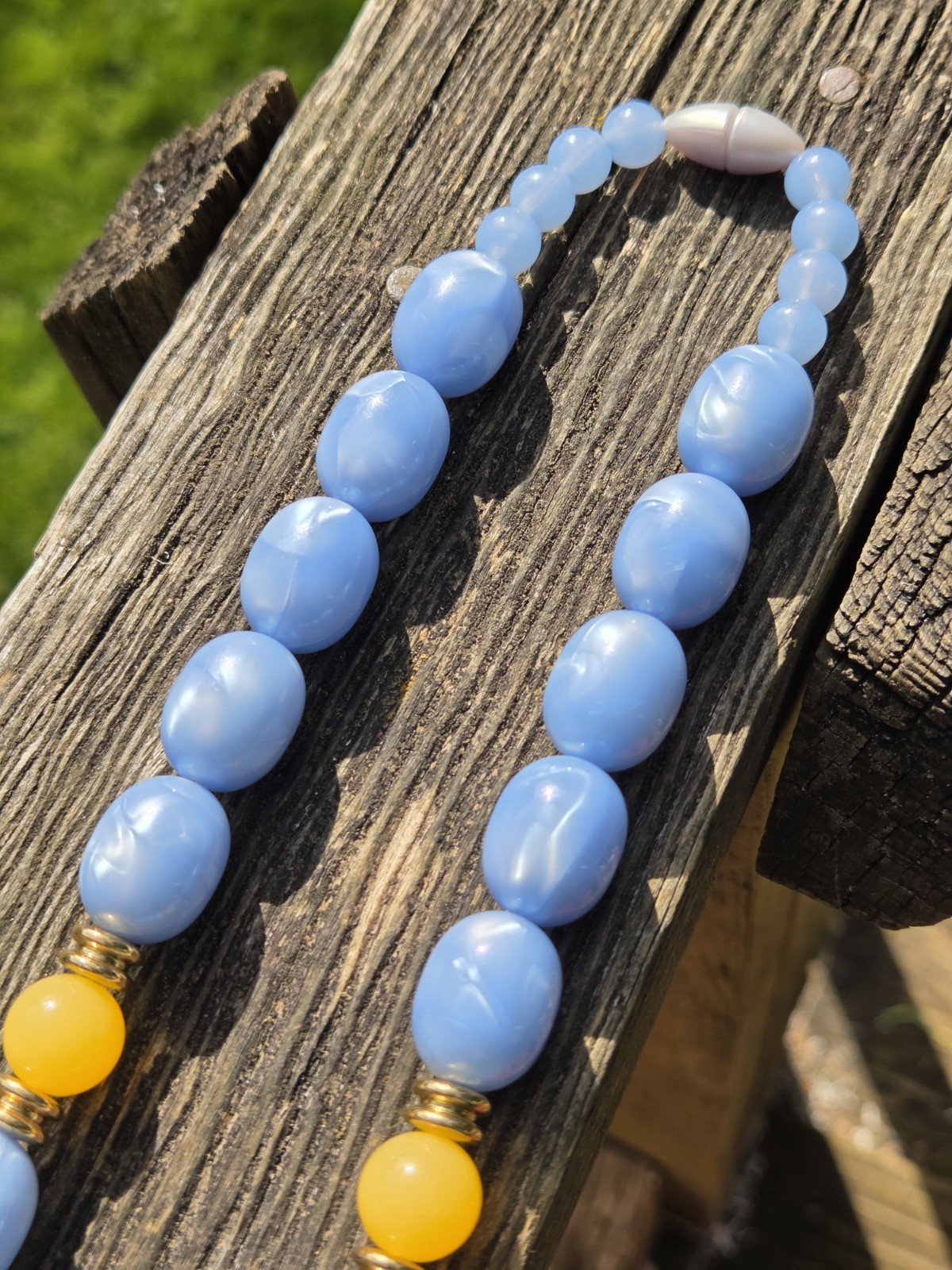 Vintage Avon Lucite Moon Glow Necklace 80s Blue Orange Gold Tone Plastic Beaded