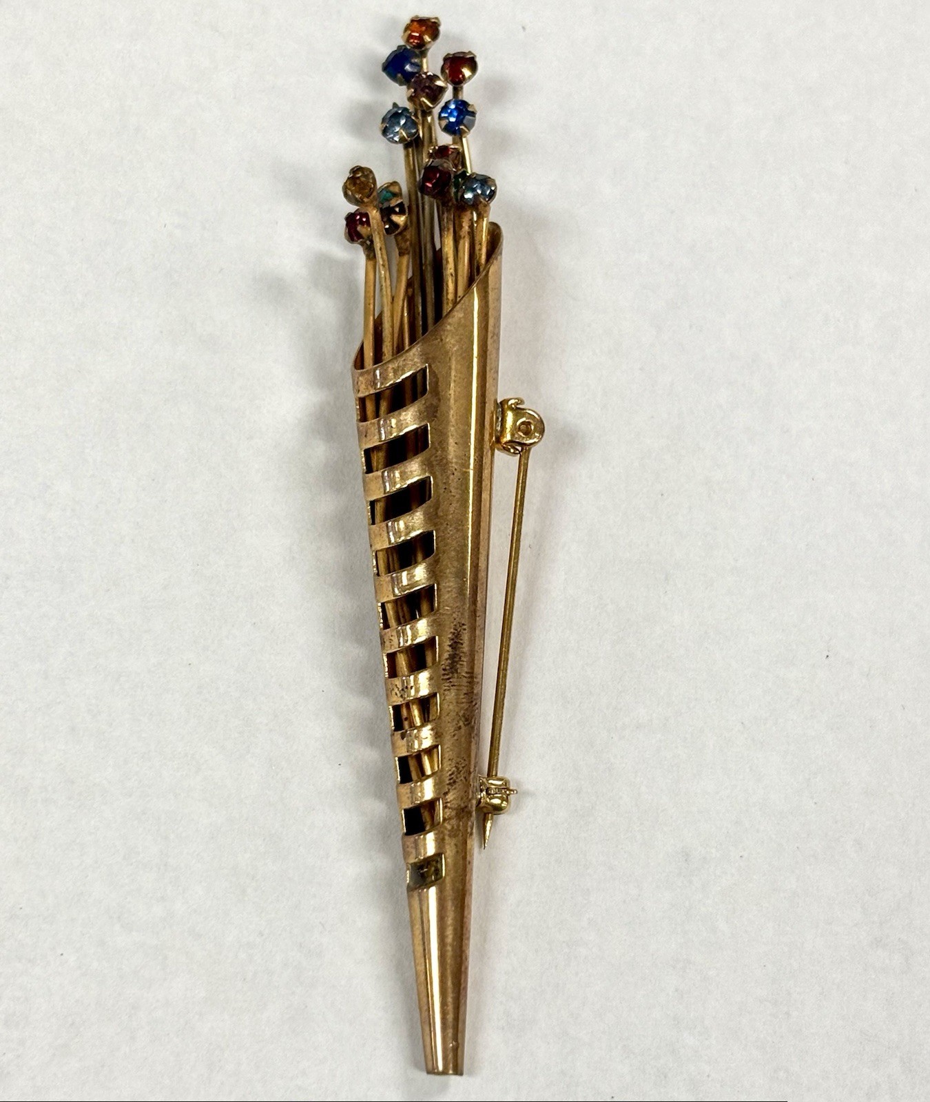 Vintage Rhinestone Flower Bouquet Brooch Wrapped Floral Design Gold Tone Pin