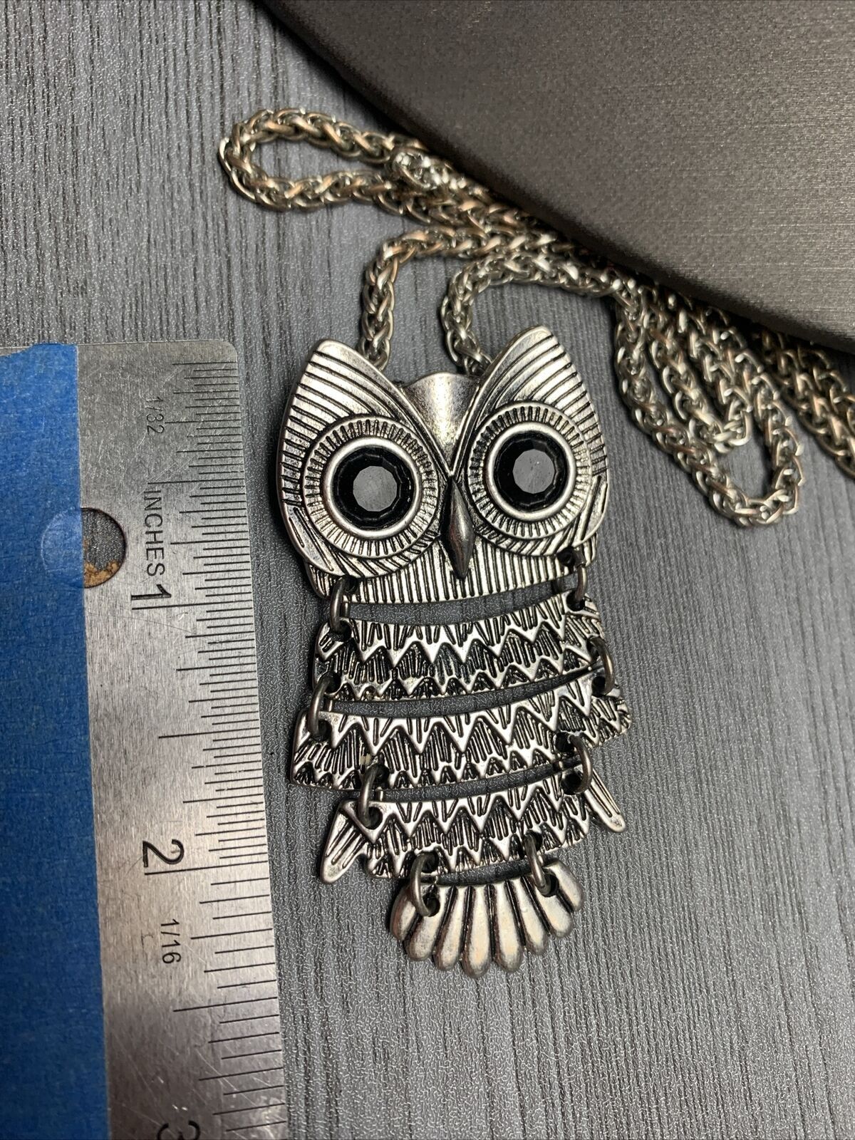 Vintage articulated, owl, rhinestone eyes wheat link chain, Pendant Necklace 24