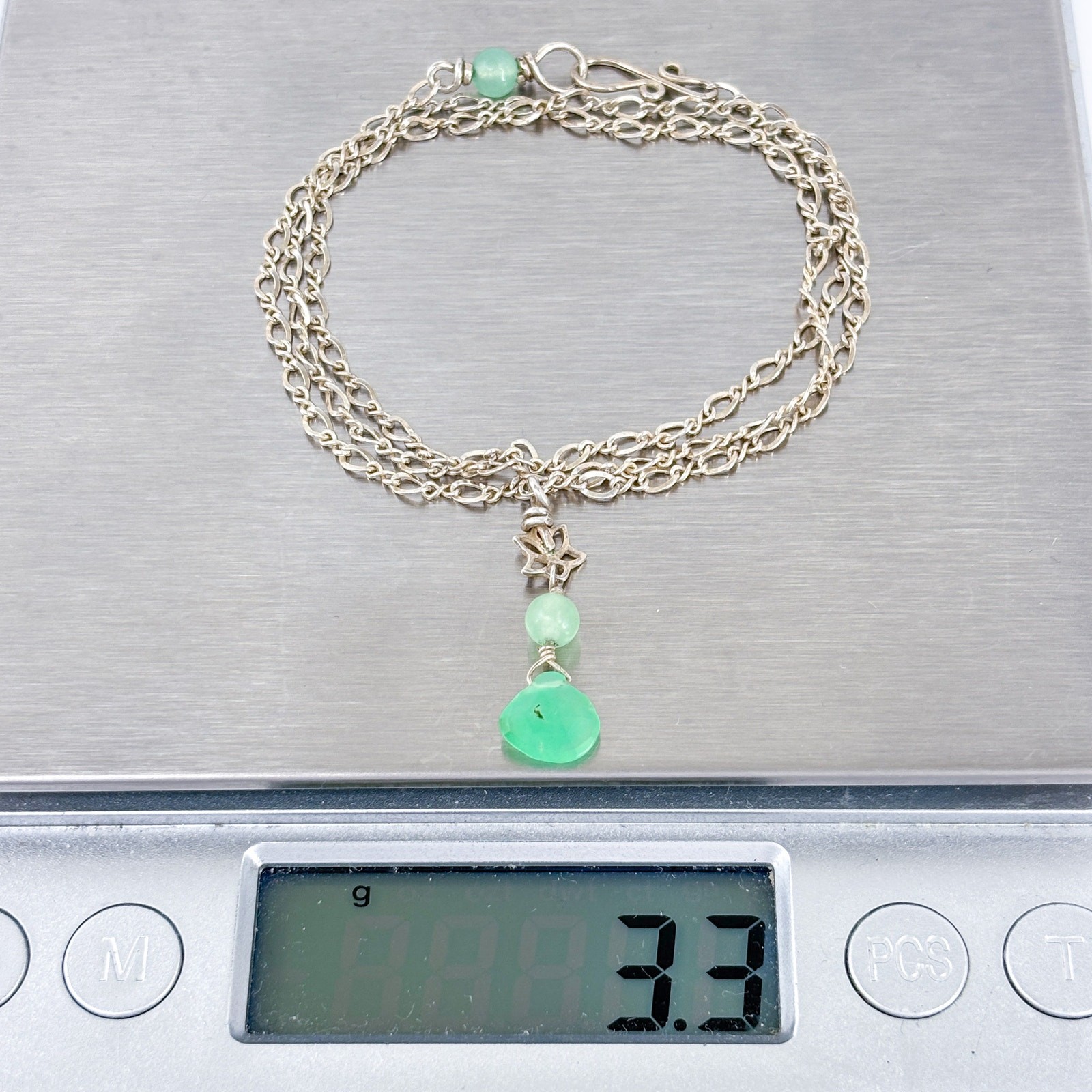 Vintage Silver-Tone Green Glass Double Drop Chain Necklace 18″