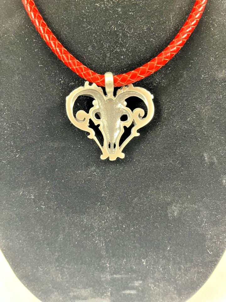 VTG Artisan Pewter Gothic Ram Pendant Red Braided Leather Cord Punk Retro