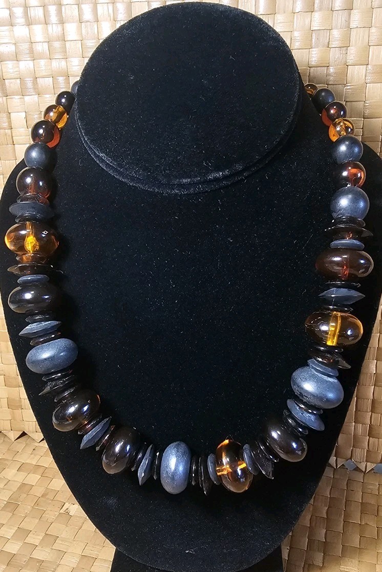 Vintage Lucite Amber And Black Beaded Different Shapes Necklace