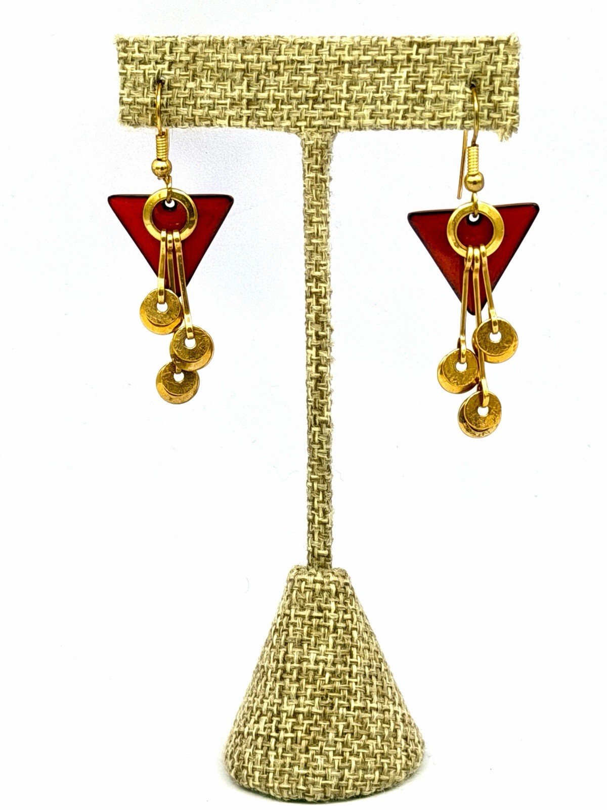 Vintage Artisan Geometric Open Circles Gold Red Triangle Earrings 1980s DbG M