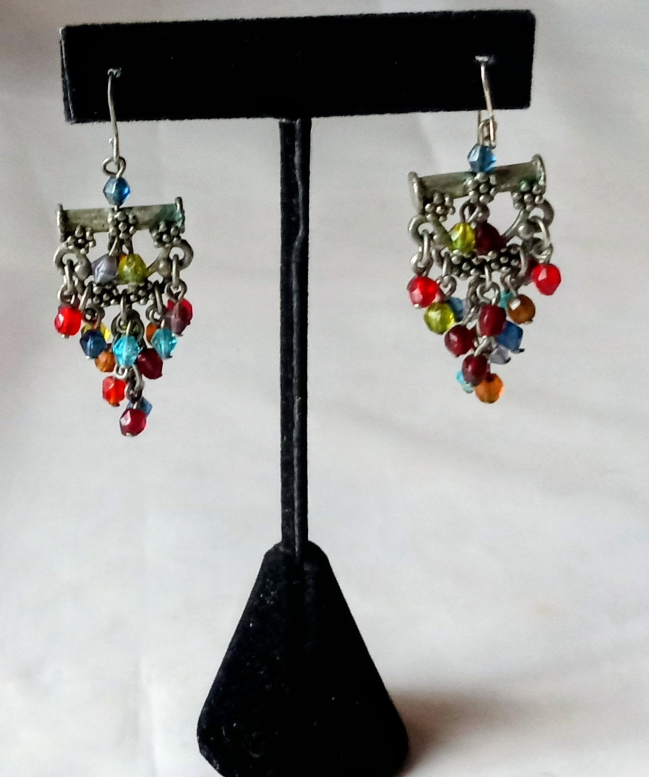 Vtg Pewter Dangling Earrings W Clustered Colorful Beads. Approximately 2″ #G