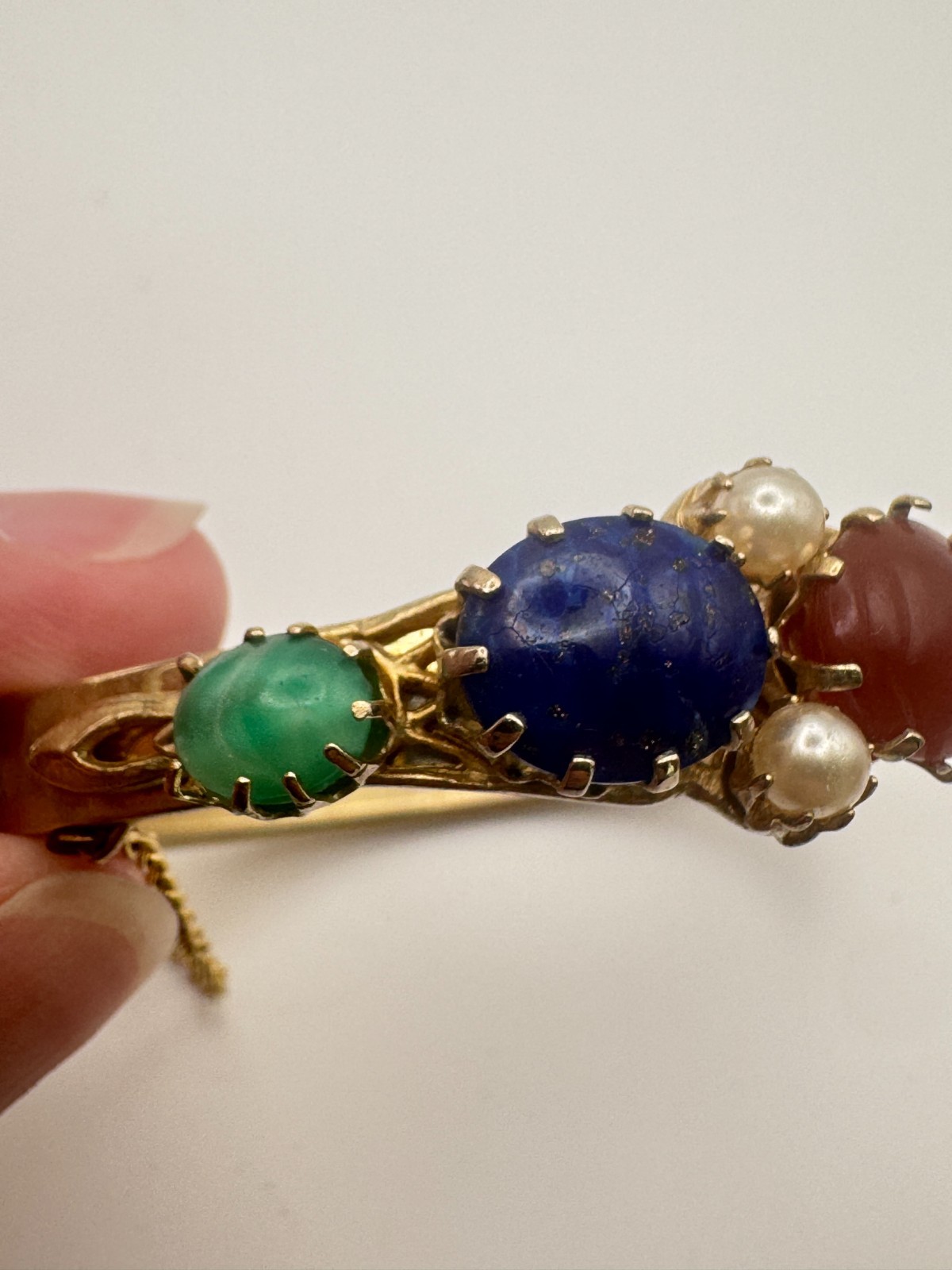 Vintage Cabochon Bracelet Green Blue Hinged Bangle Victorian Revival