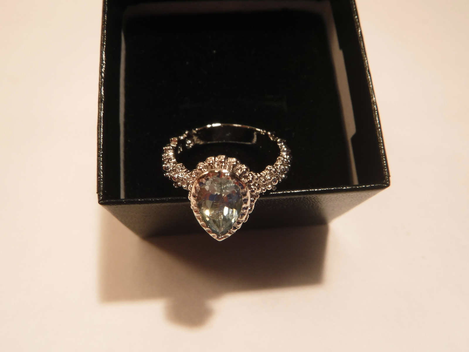 New 1.45CT Pear Cut Aquamarine (Beryl) & Platinum Over Sterling Silver 925 Ring