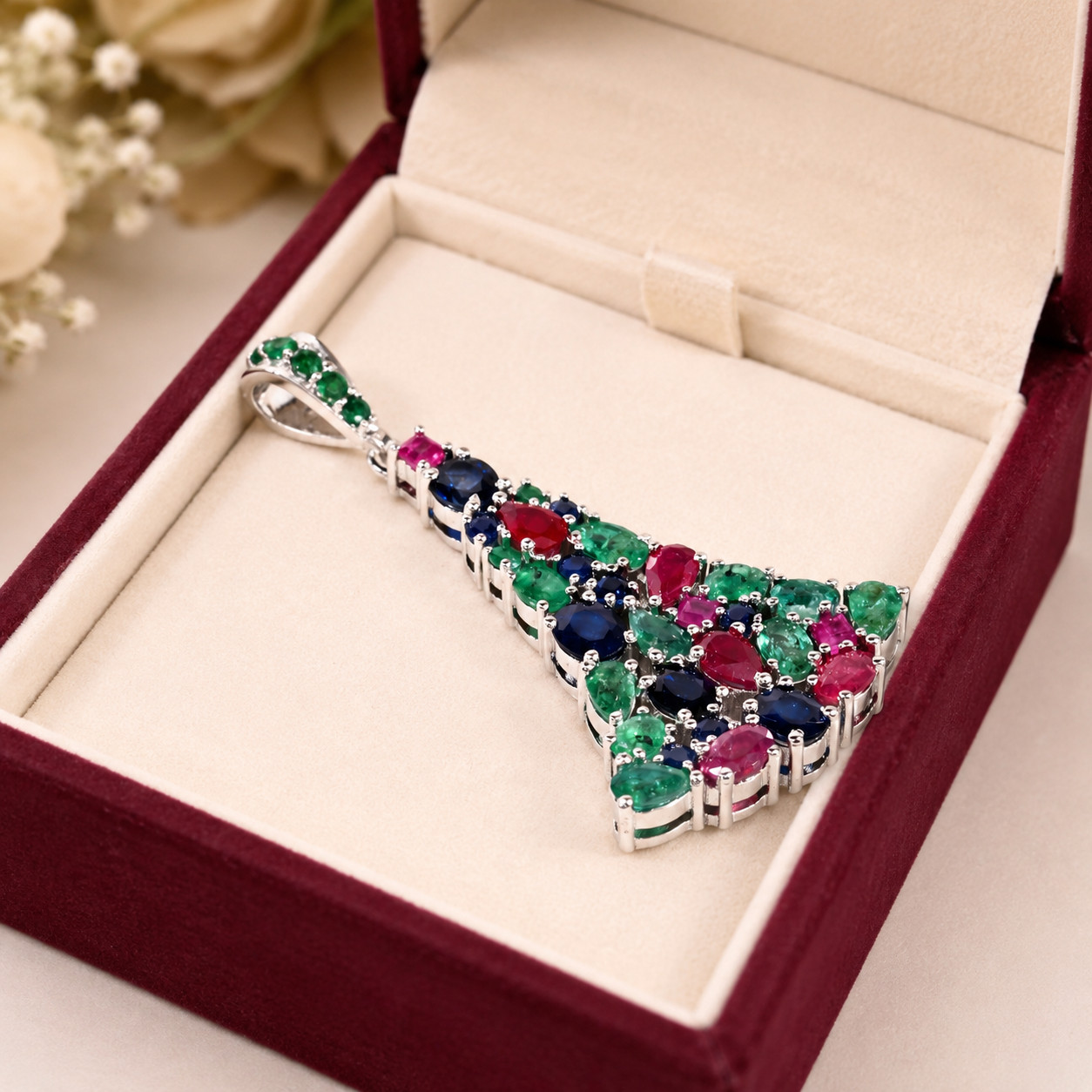 Natural Multi Stone Triangle Pendant Emerald Ruby Sapphire 925 Silver Jewelry