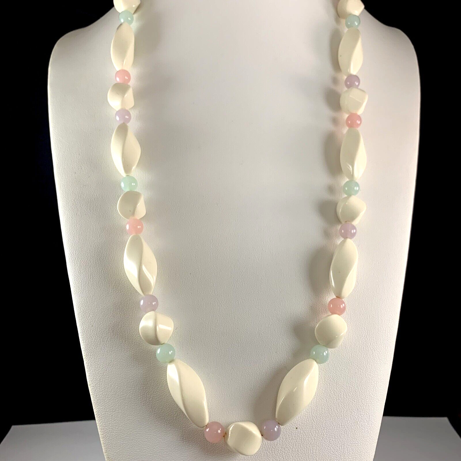 Vintage Twisted Off White & Pastel Pink Green Purple Beaded Necklace 28″