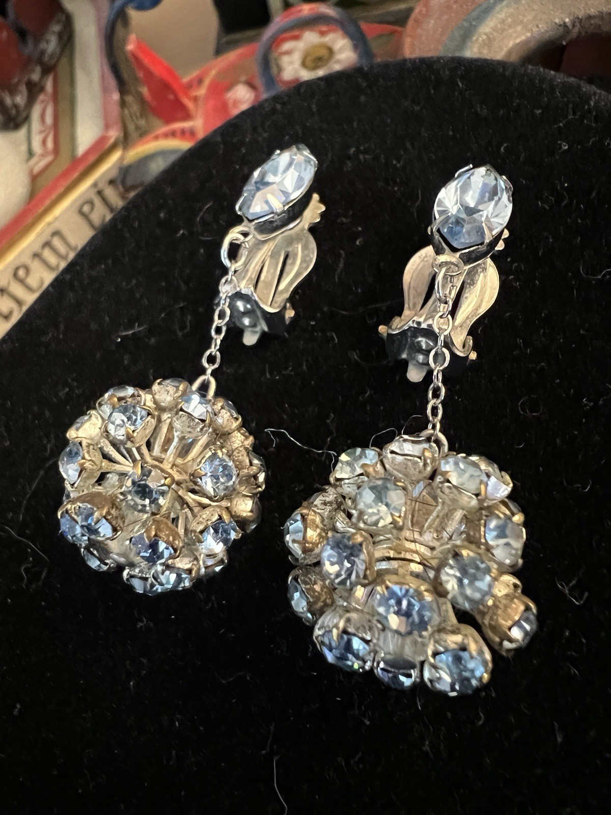 Vintage La Roco Blue Rhinestone Dangle Clip On Earrings, Silver Toned, Signed!