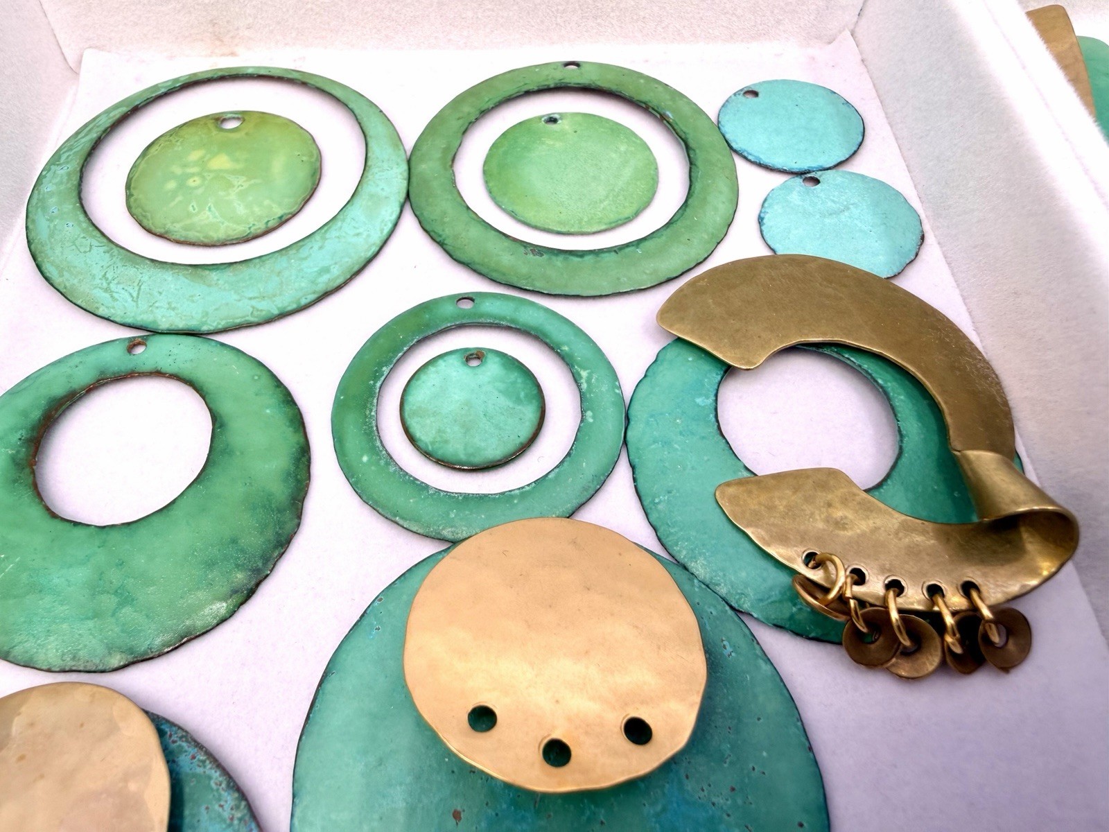 34 Pcs Vintage Handmade Hammered Brass Copper Layered Enamel Green Findings