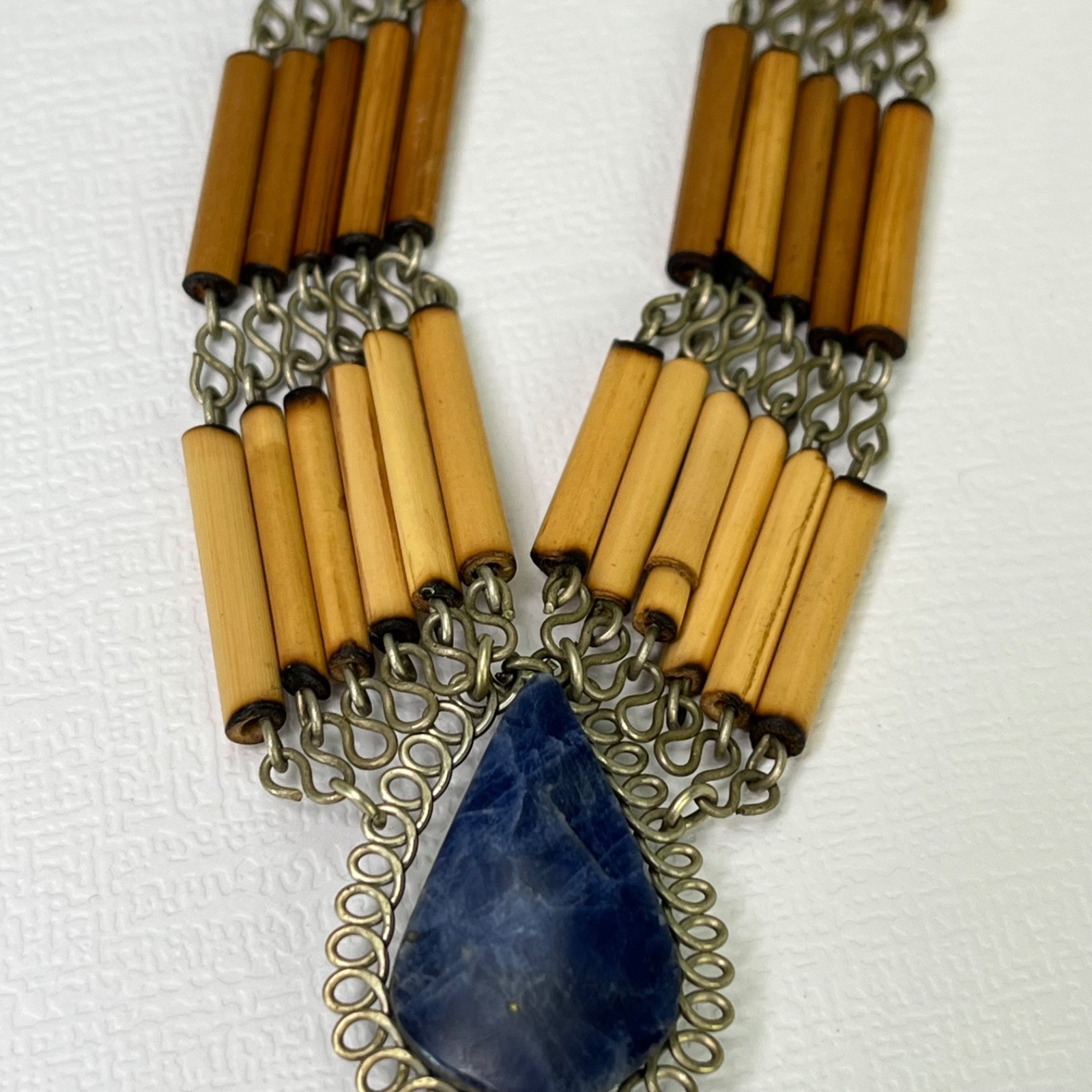 Vintage Boho Necklace Blue Stone Pendant Bamboo Bead Bib Statement 16”