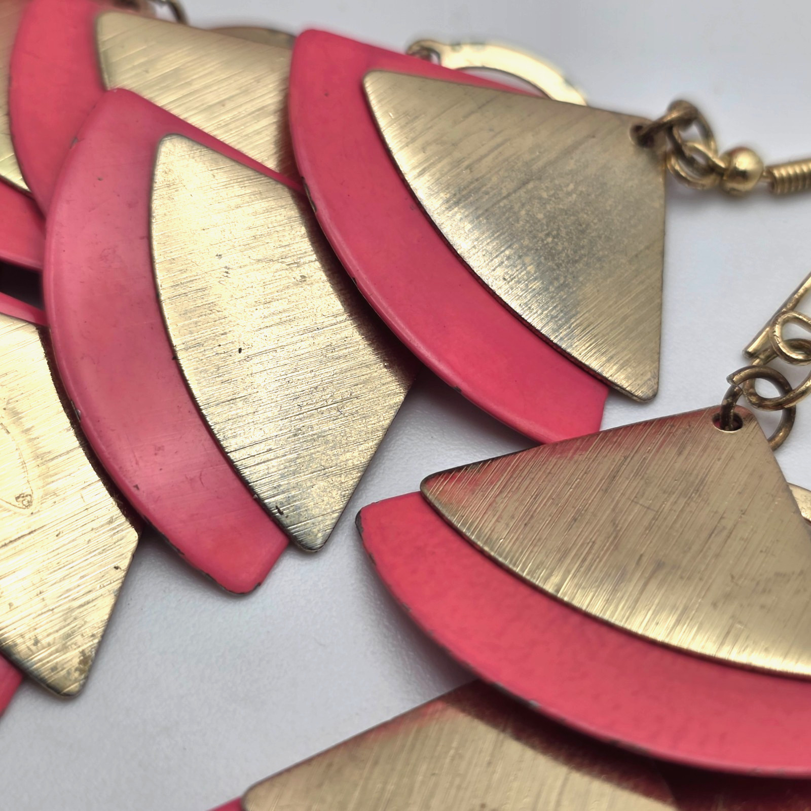 Vintage Coral Pink Enamel Gold Tone Layered Cascade Dangle Earrings Boho 4 In