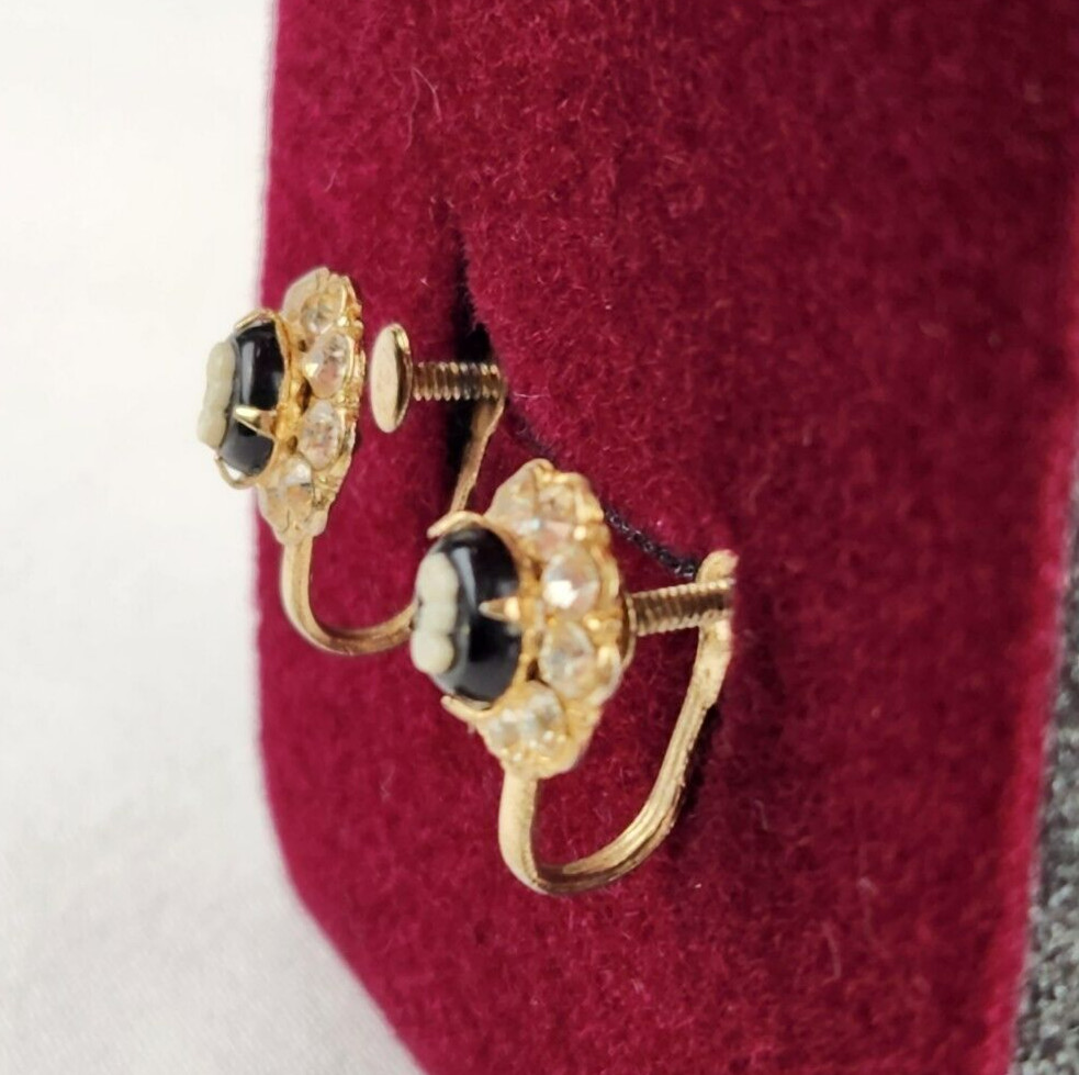 Coro Cameo Earrings Ivory/Black Gold Tone Rhinestones Screw Back Vintage Signed
