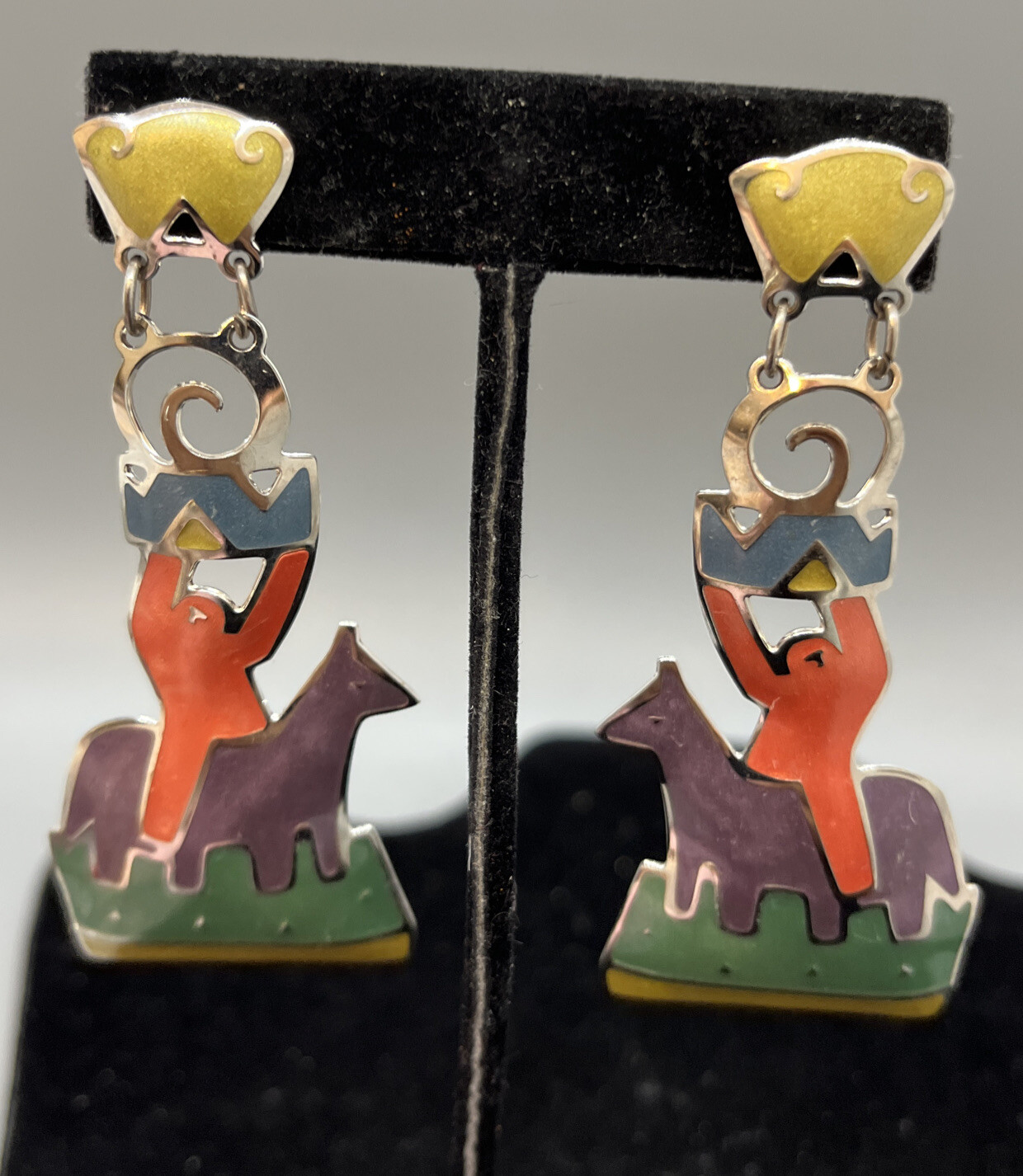 Vintage Signed Edgar Berebi Enamel Dangle Stud Earrings, 1980s Horse ? Person