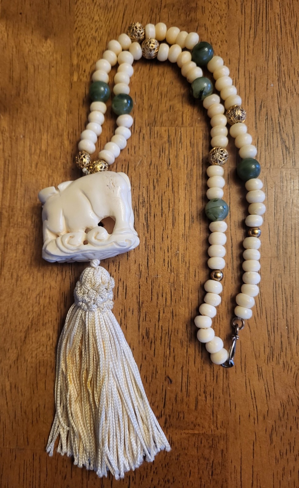 Vintage Ox & Calf Celluloid Netsuke Bead Tassel Necklace 22 Inches 5.5 Inch Drop