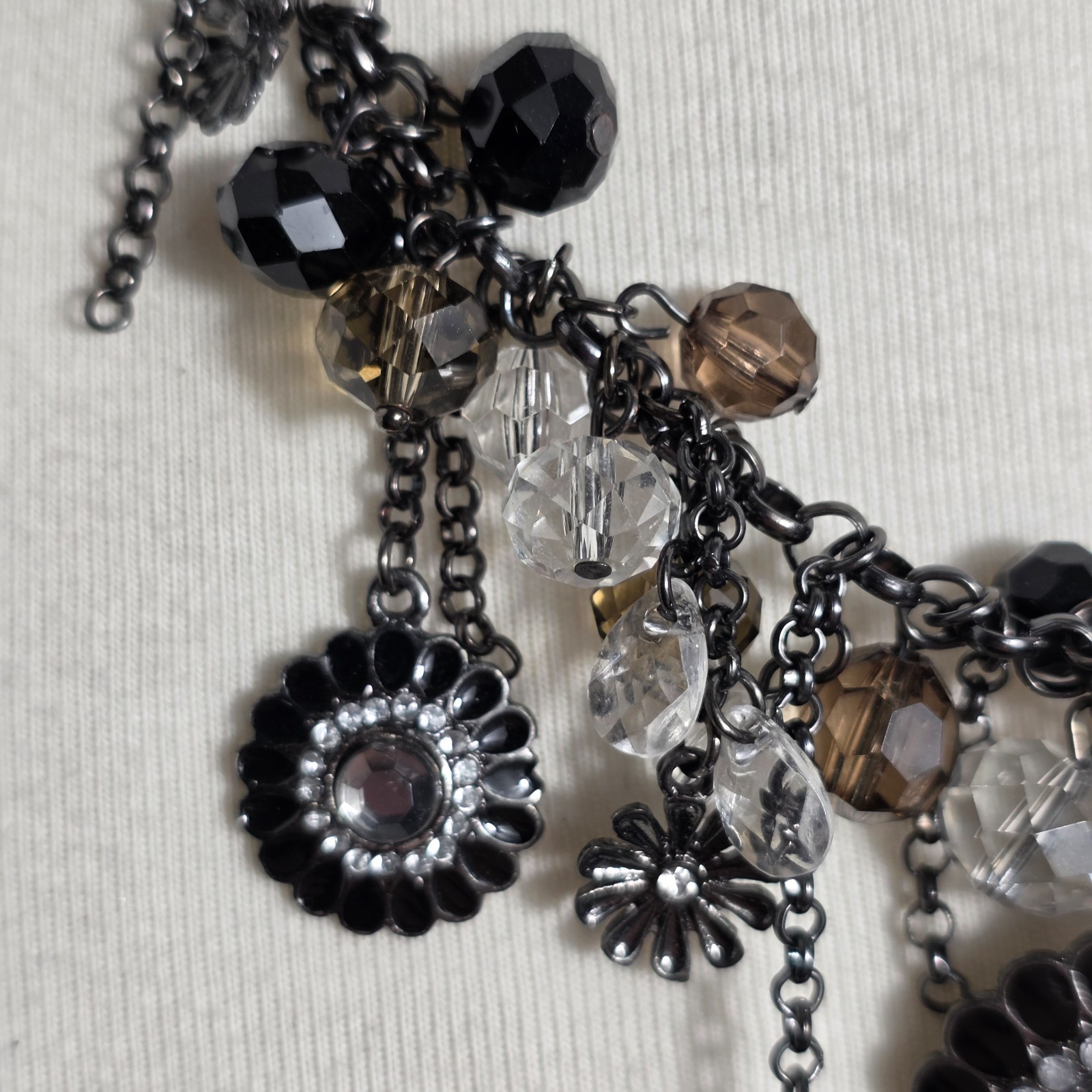 Metallic Black Charm Necklace Floral Pendants with Gray White & Black Beads
