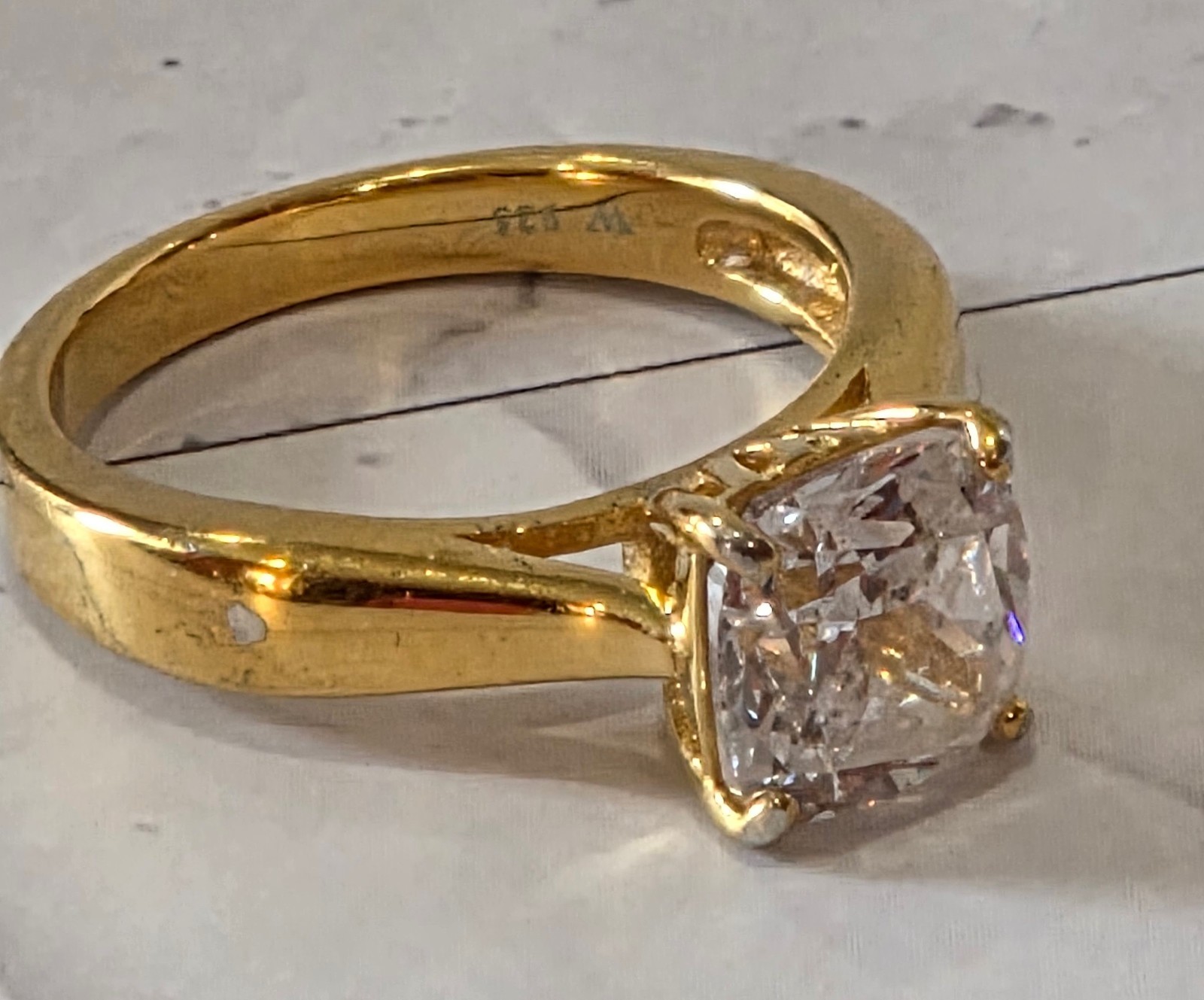 VINTAGE 925 Silver signed W Cushion Cut CZ Solitaire Gold Engagement Ring sz 5