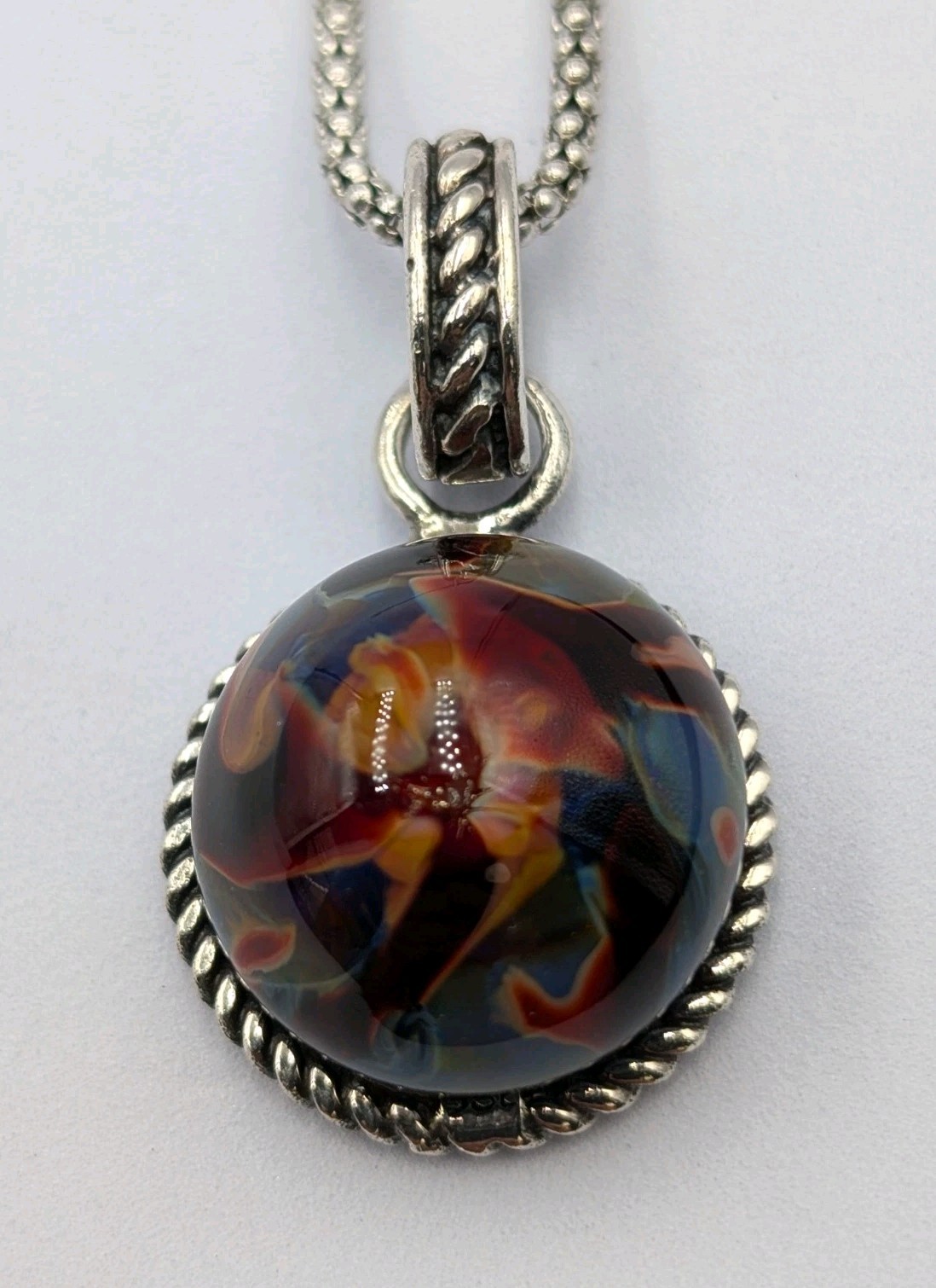 Vtg Sterling Silver Multi Color Art Glass Dome Pendant 18″ Popcorn 925 Necklace