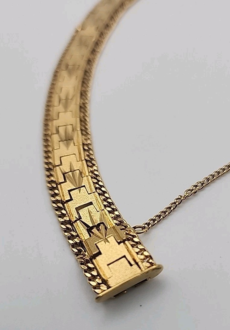 Vintage Brushed Gold Tone Articulated Link 7.25″ Bracelet With Safety Chain Gift