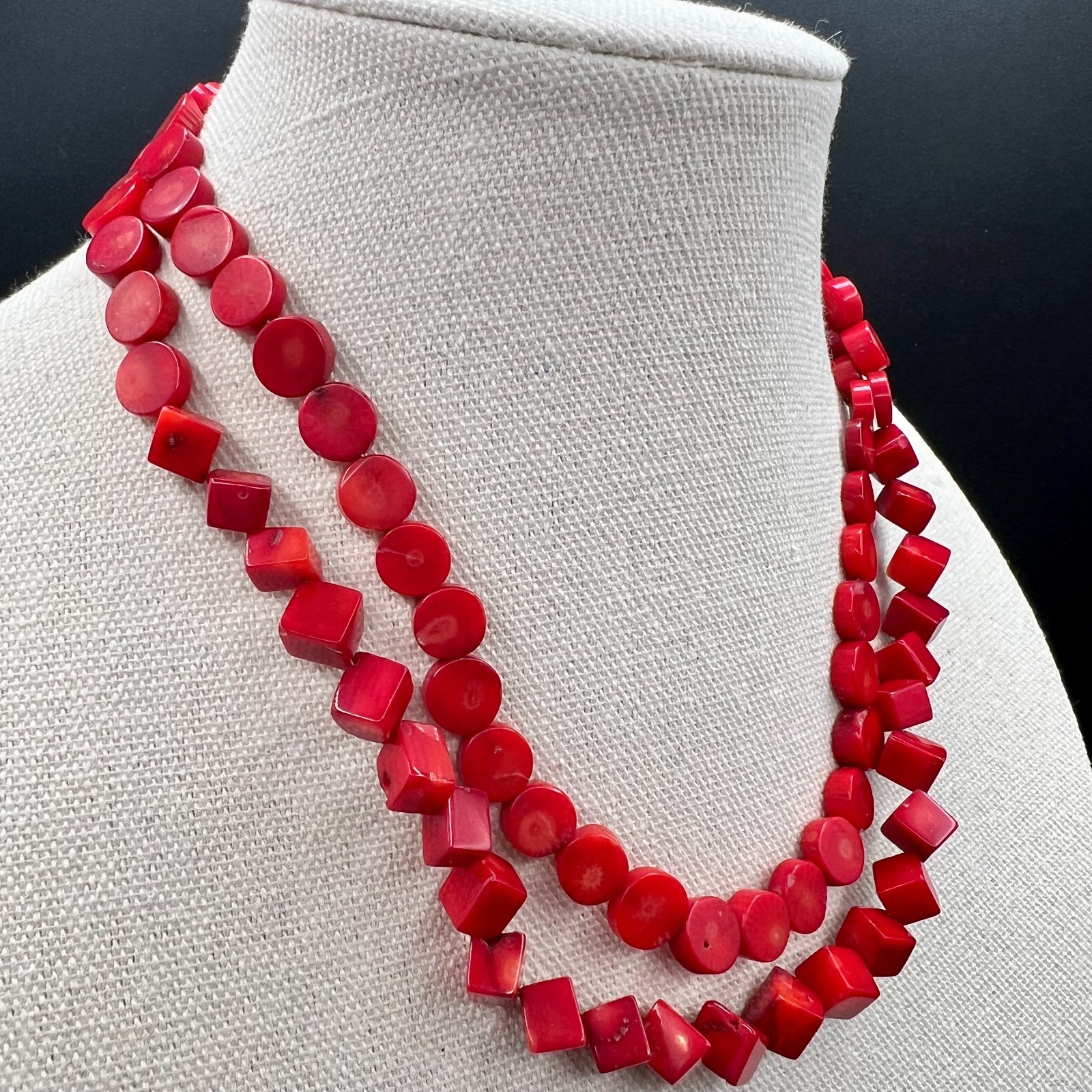Vintage Natural Red Coral Necklace Double Strand Choker Disc Cube Beads 16″