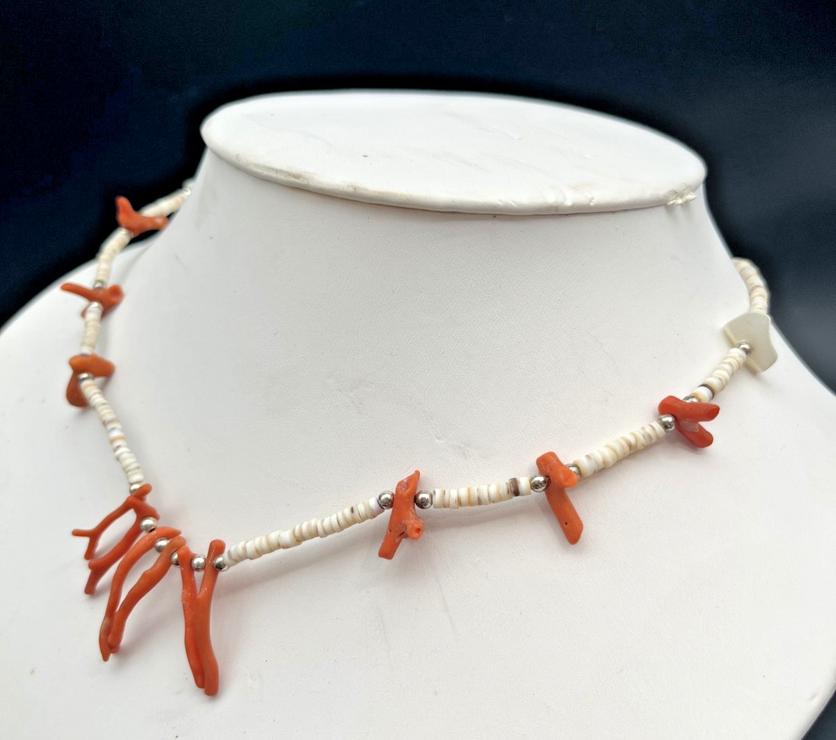 Vintage Genuine Branch Coral and Shell Bead Fetish Style Station Choker Necklace