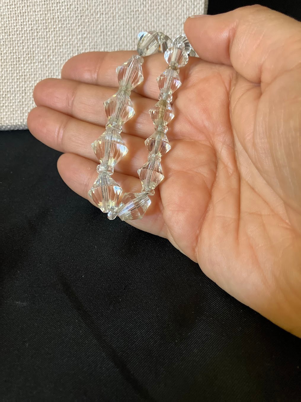 Vintage Art Deco Faceted Crystal Necklace Silver Chain Faceted Bi-cone Beads 16″