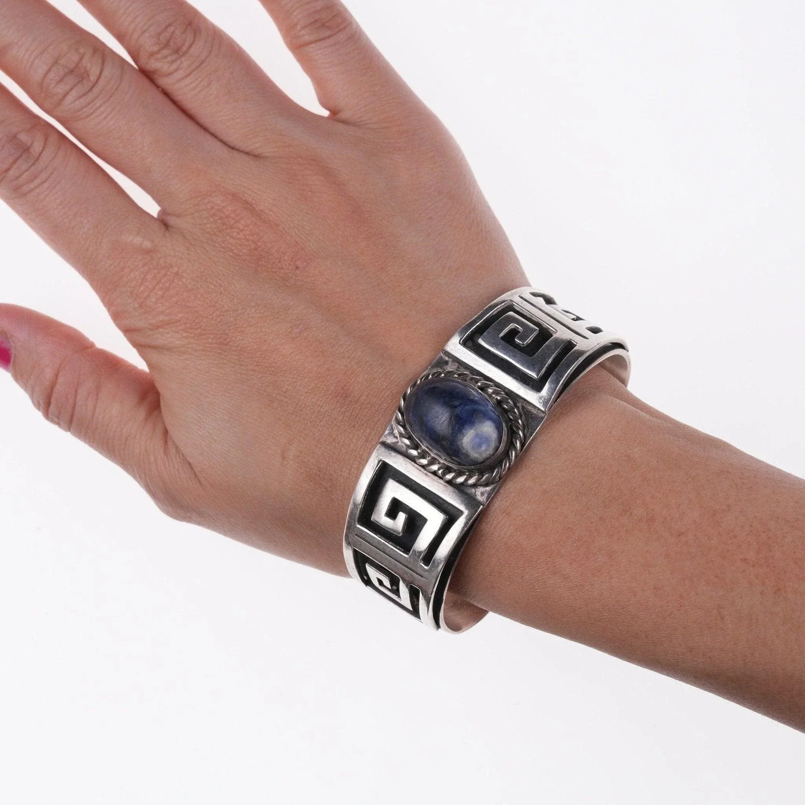 6.625″ Vintage Los Castillo Sterling and Sodalite cuff bracelet