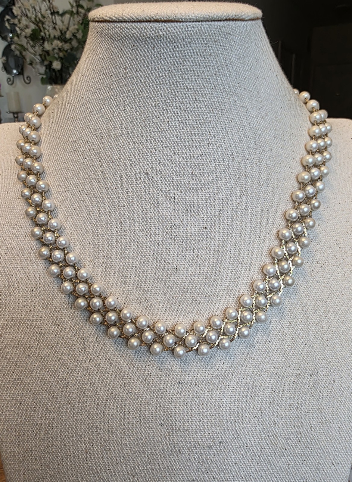 Vintage Braided Pearl and Gold Woven Necklace with J Hook Spring Clasp