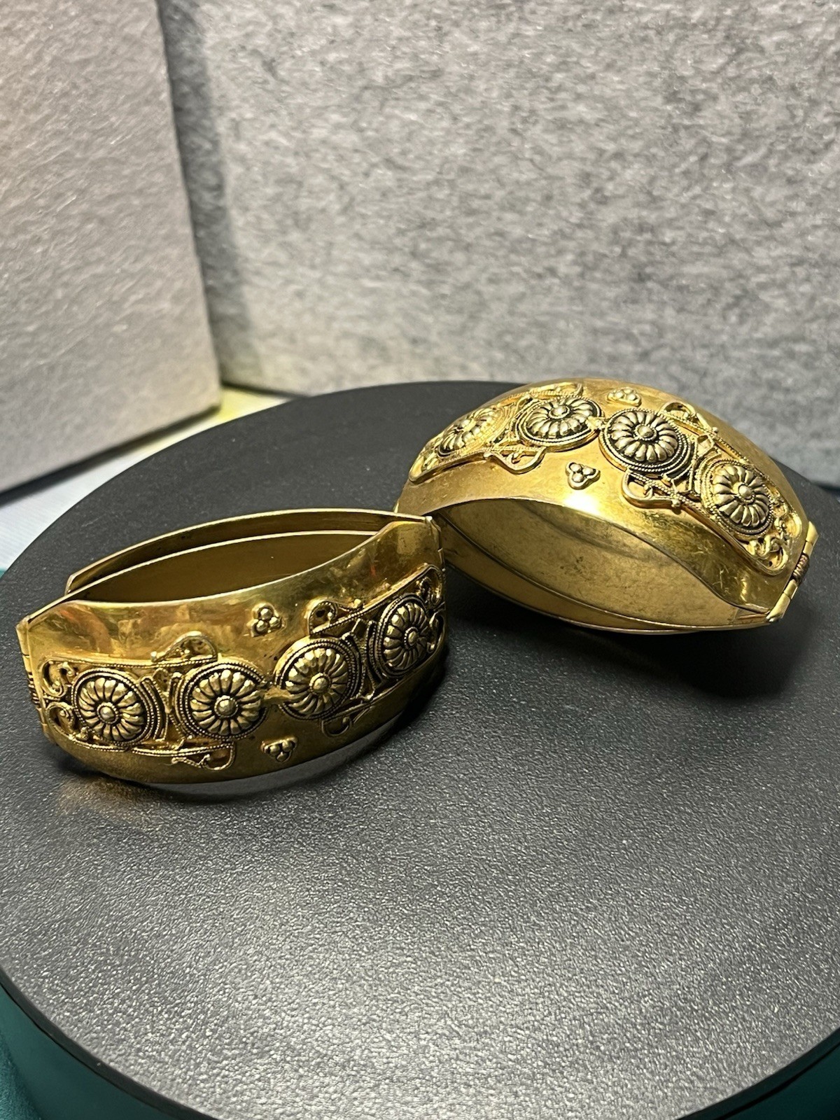 Vintage Etruscan Revival Hinged Cuff Bracelet Pair Gold Tone Cannetille Jewelry