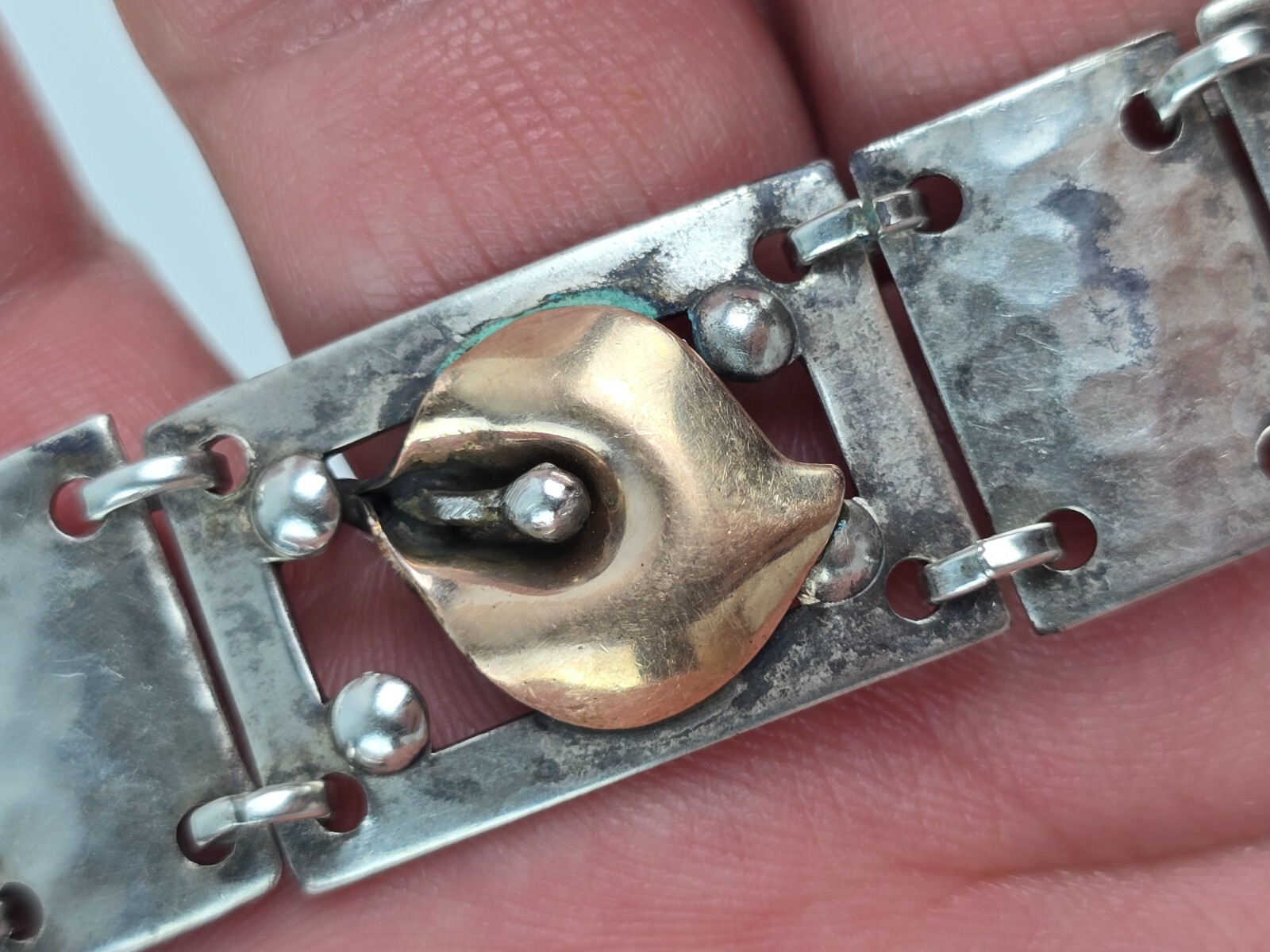 Vintage Sterling Silver & Gold Filled Flower Bud Square Link Bracelet 6.75″