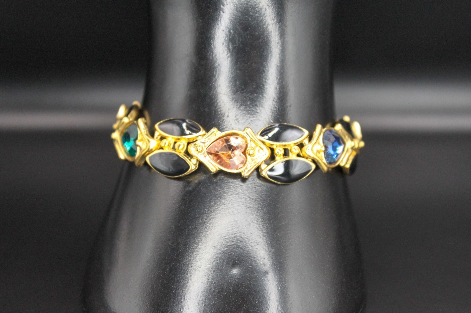 Vintage ORENA of PARIS France Rhinestones Enamel Heart Link Bracelet Gold Tone