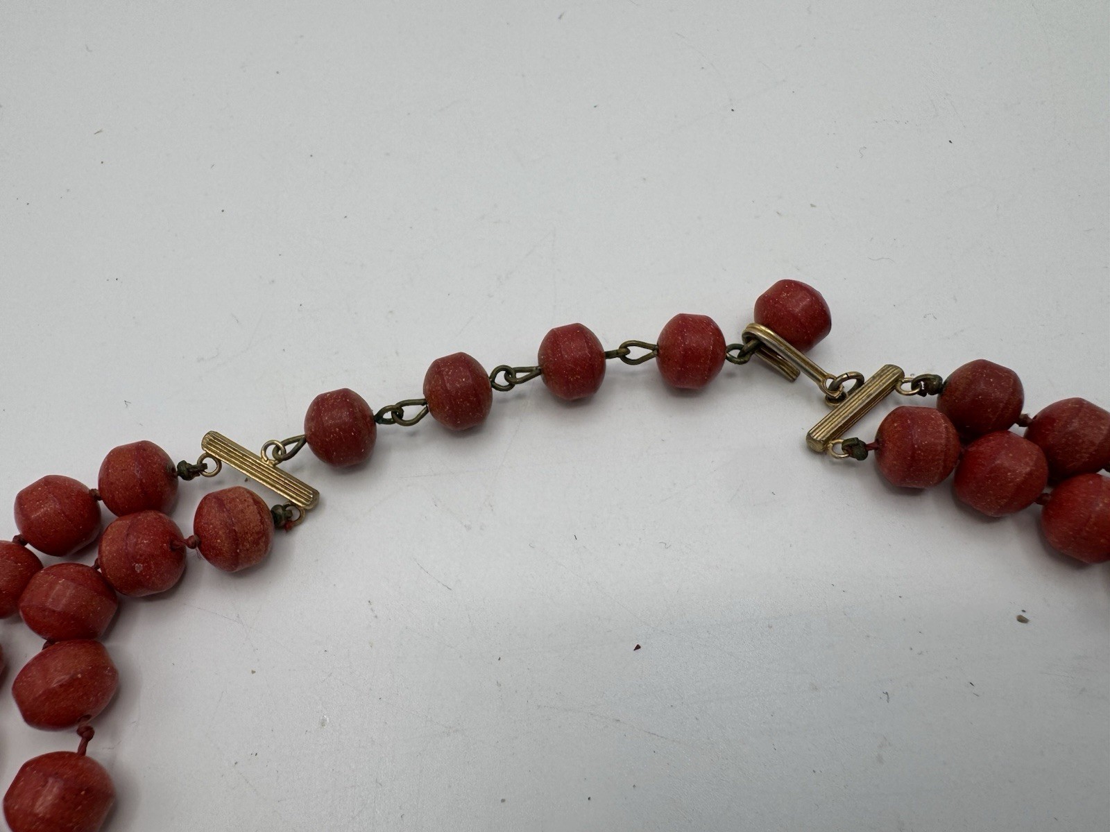 Double Strand Coral Tone Stone Bead Necklace Heavy Unmarked 18”