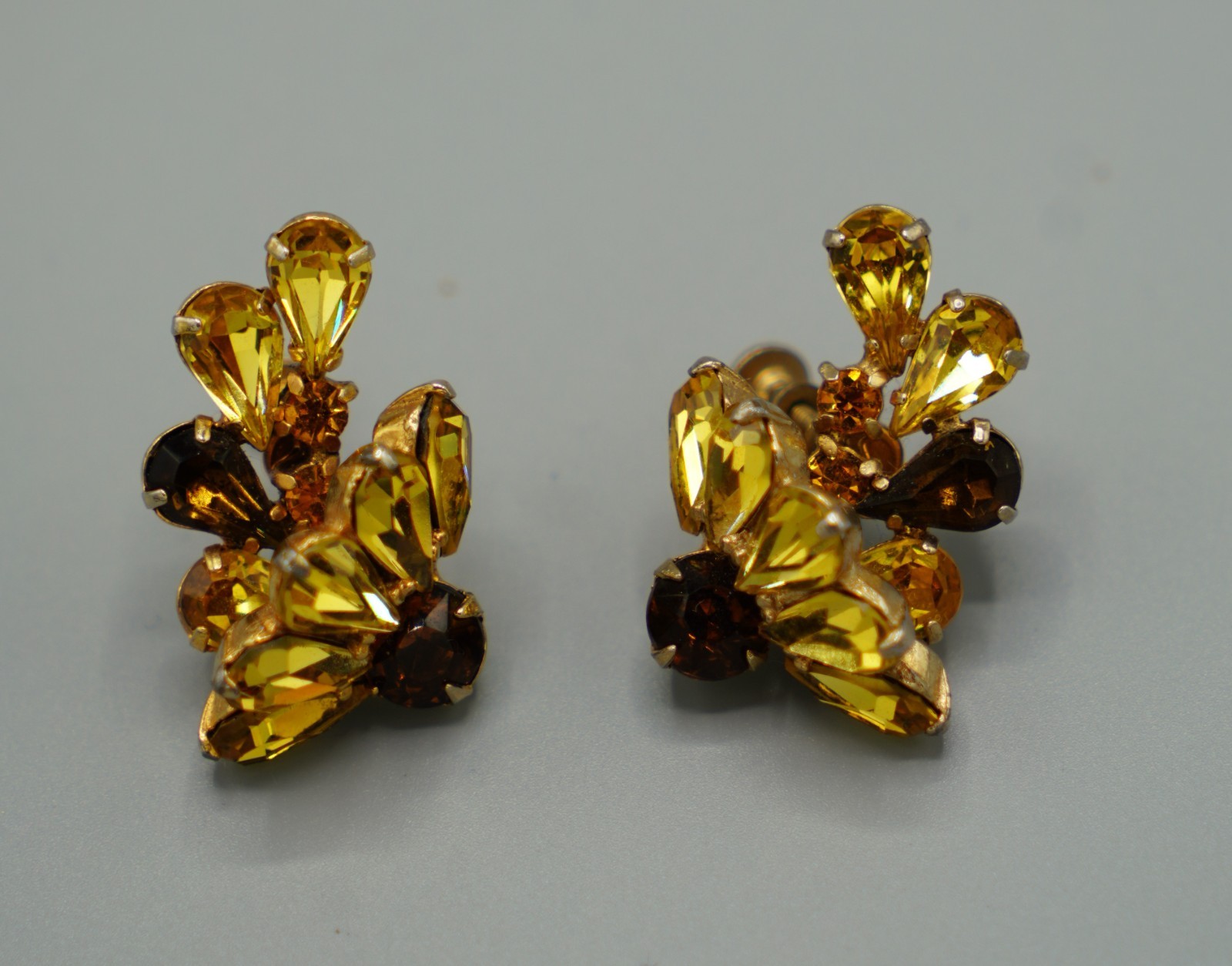 Vintage Rhinestone Clip On/ Screw Back Earrings-Clear/Silver-Topaz/Citrine Color