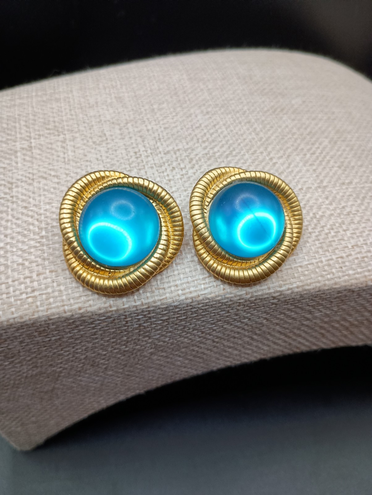 Vintage Aqua Blue Glass Cabochon Pierced Earrings Gripoix Gold Tone Rope 1.25 “