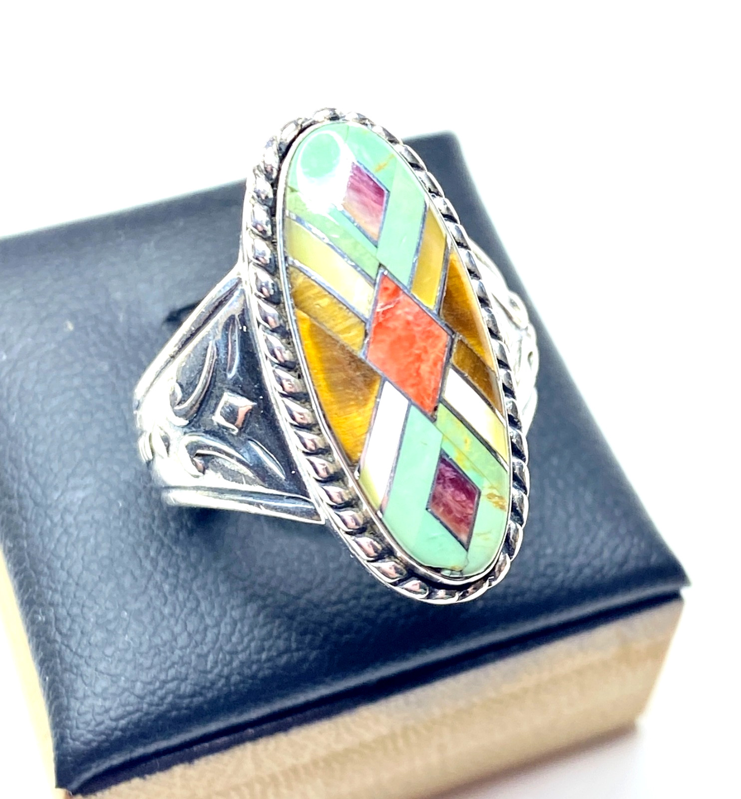Vintage Carolyn Pollack Relios Sterling Silver Multi-gem inlay Ring Size 8 1/4