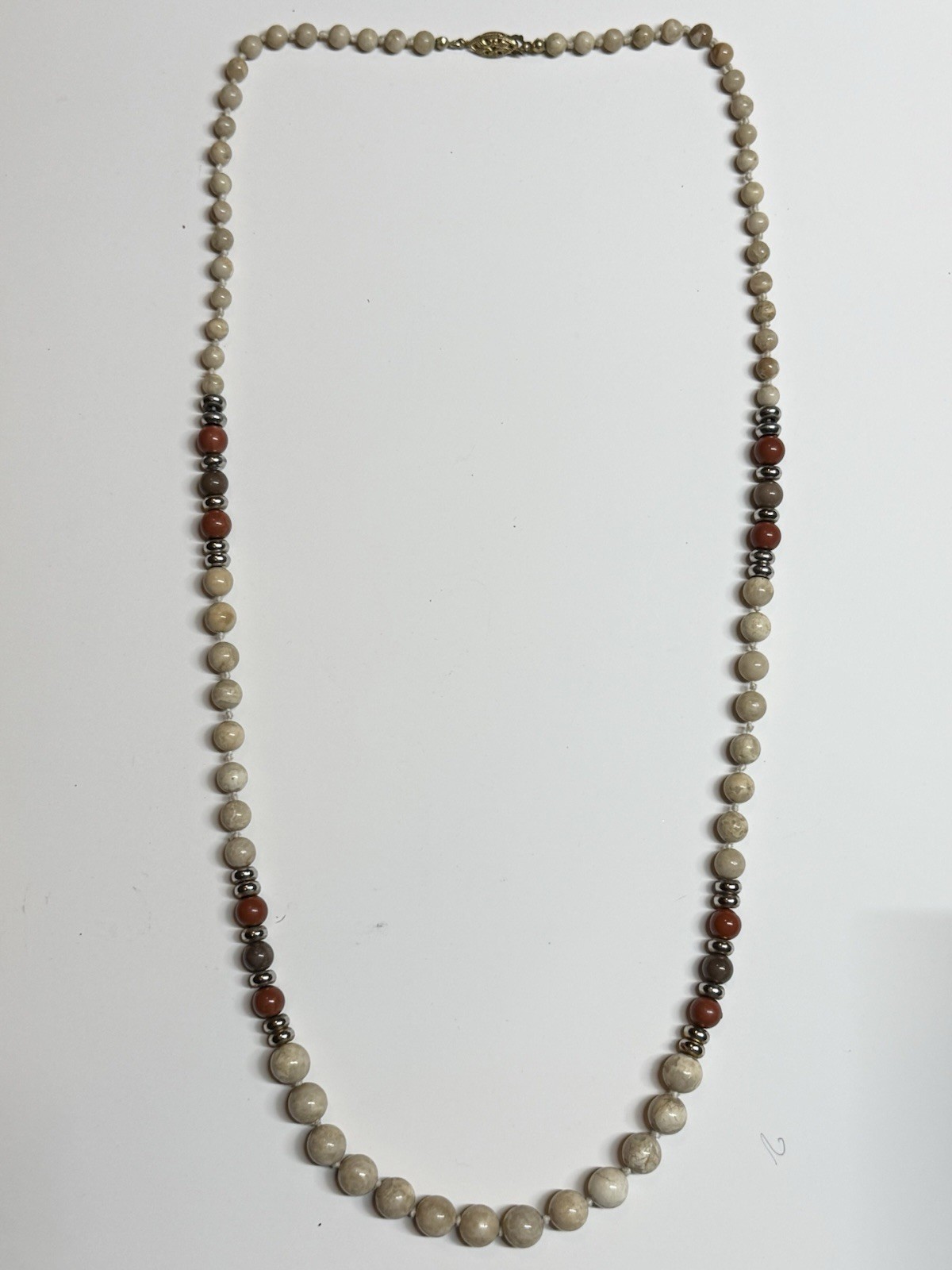 Vintage Hand Knotted Beaded Necklace Graduated Stone Beads 32″ Long Earthtone