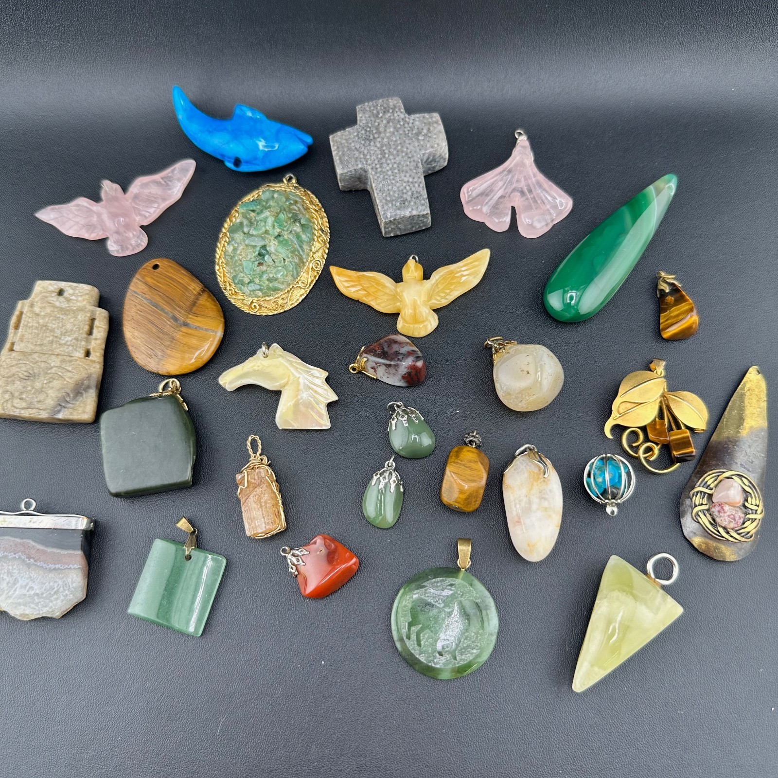 Vintage Gemstone Pendant Charm Lot Jade Quartz Agate Tigers Eye Jasper 25+