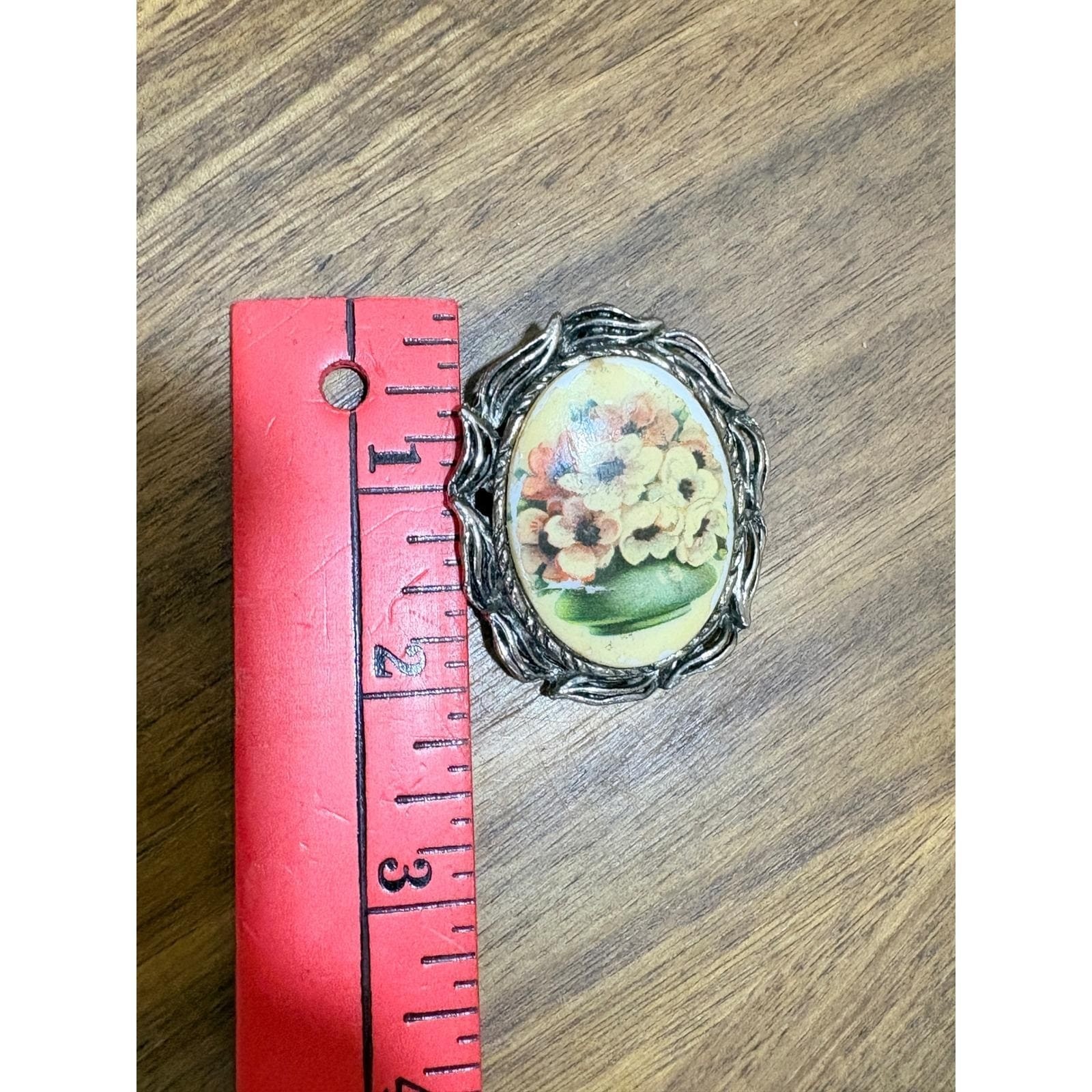 Vintage Floral Bouquet Oval Brooch Pendant Silver Tone Ornate Frame Victorian