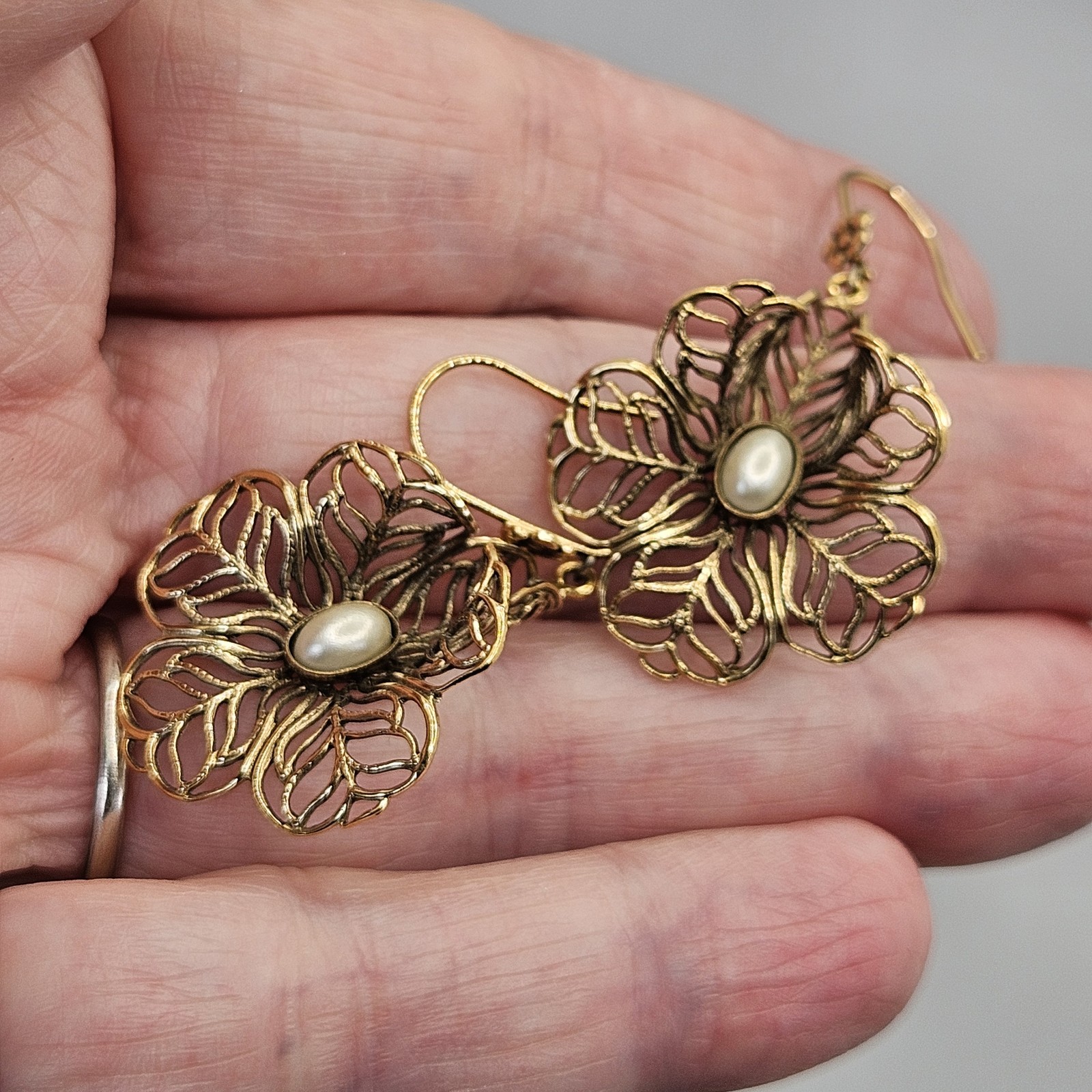 Vintage Gold Tone Filigree Faux Pearl Earrings Dangle Pierced`Hook Bell Flower