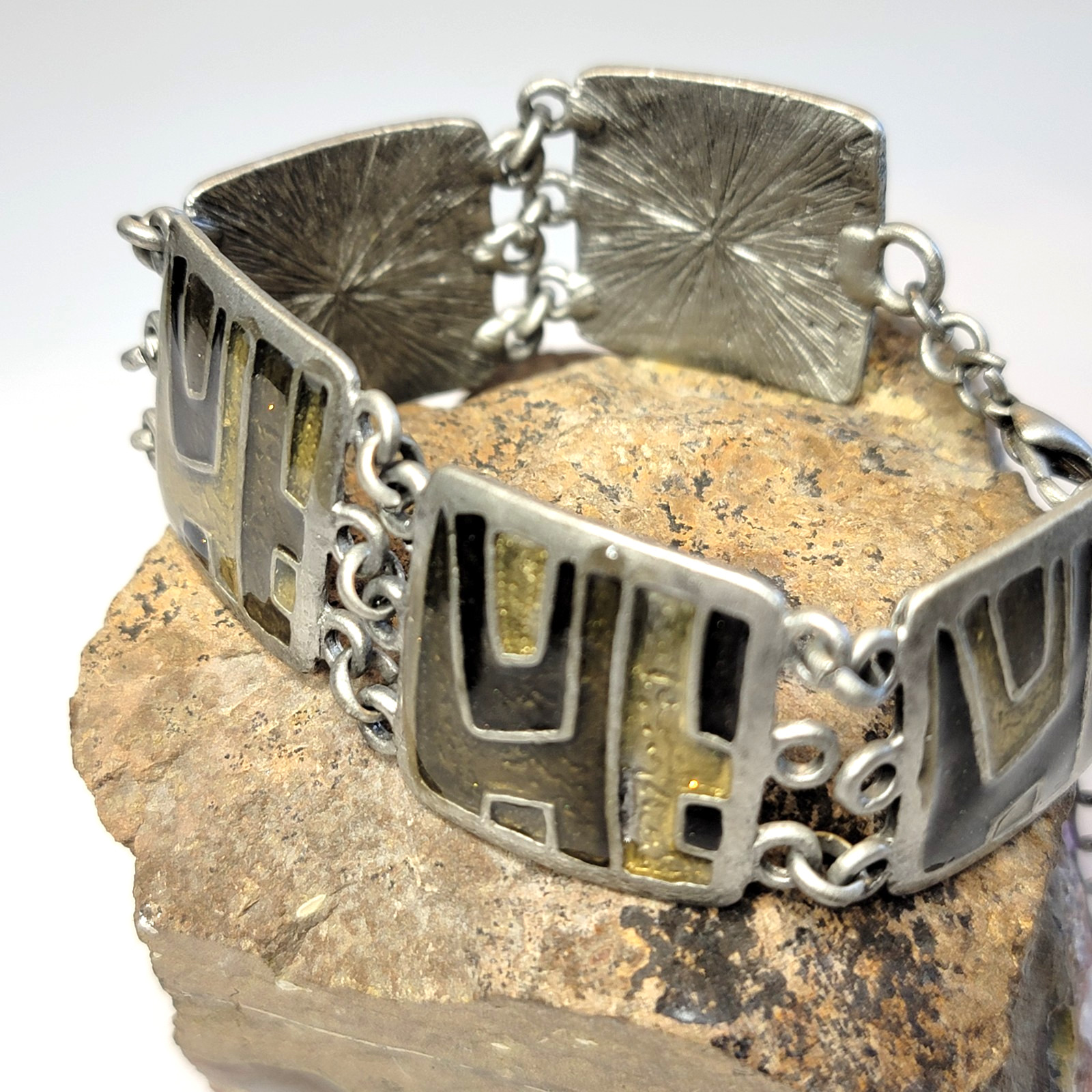 Vintage Modernist Silver Tone Link Y2K Bracelet Olivine Enamel Articulated Panel